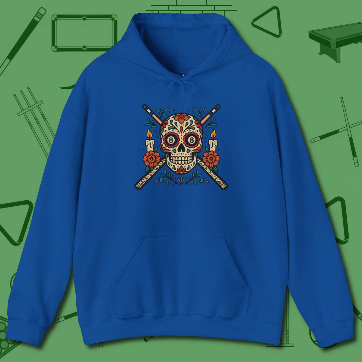Day of the Dead Sugar Skull Hoodie, front view, in Royal put your best game on display