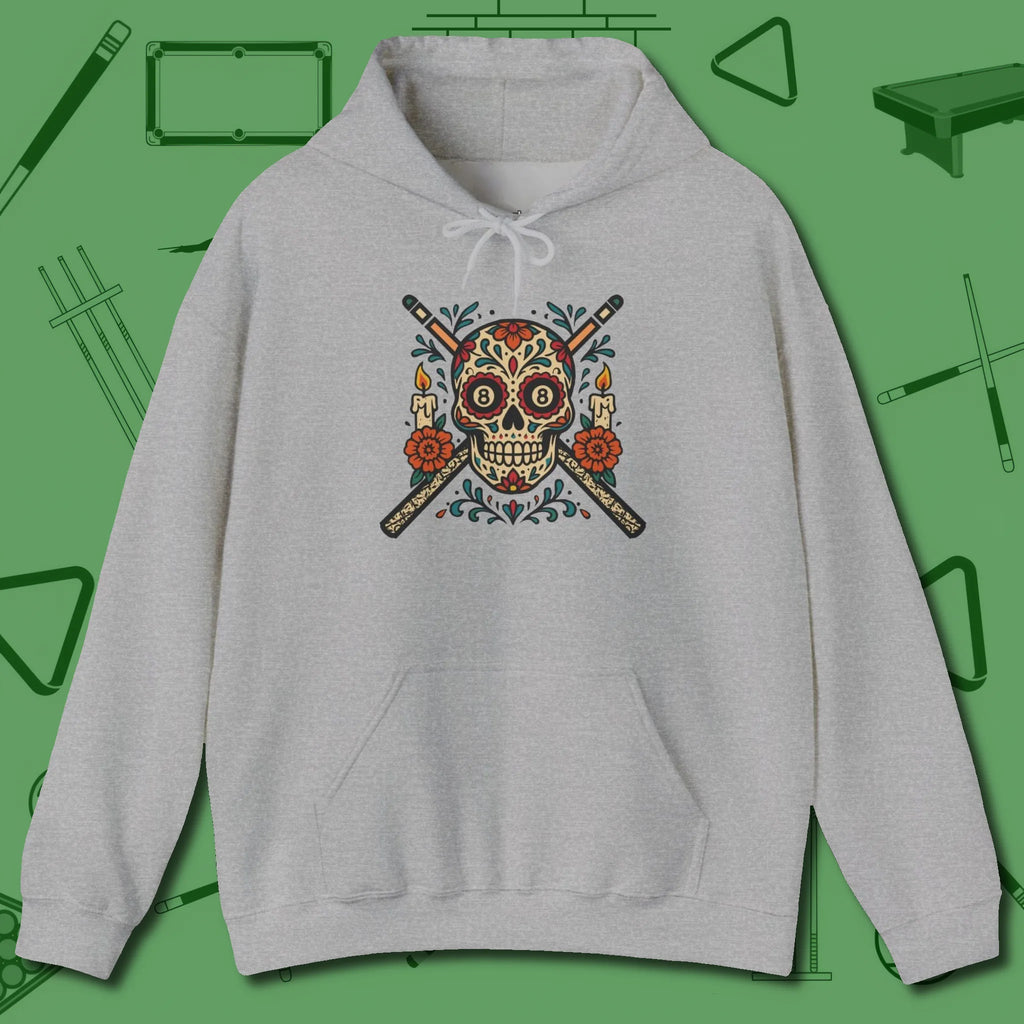 Day of the Dead Sugar Skull Hoodie, front view, in Sport Grey earns respect before the first shot