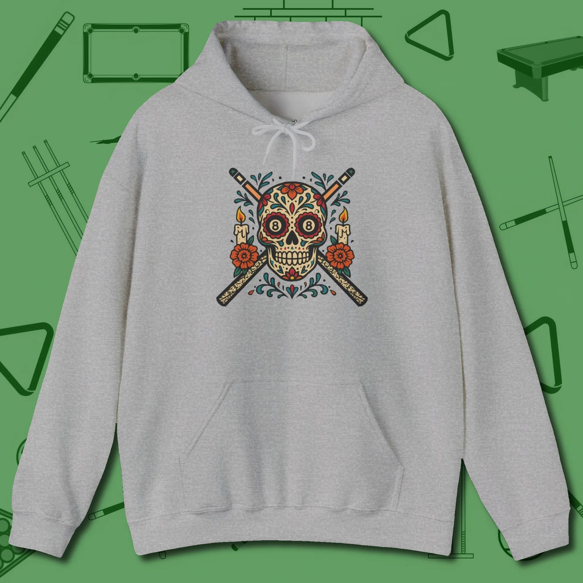 Day of the Dead Sugar Skull Hoodie, front view, in Sport Grey earns respect before the first shot