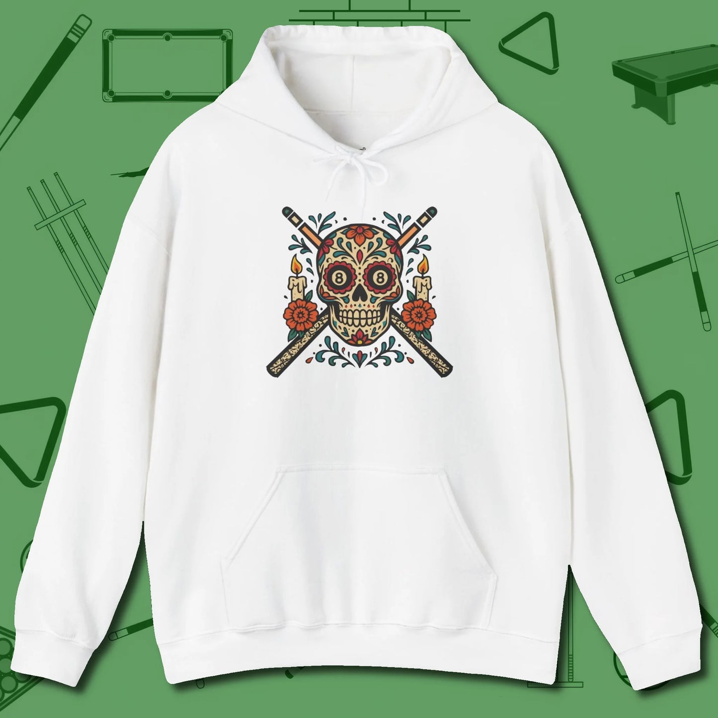 Day of the Dead Sugar Skull Hoodie, front view, in White like your stroke — smooth and deliberate