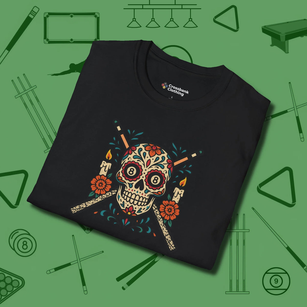 Day of the Dead Sugar Skull T-Shirt, folded view, in Black as serious as your stroke