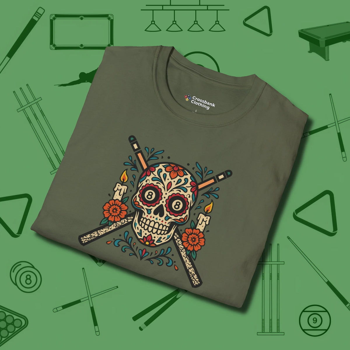 Day of the Dead Sugar Skull T-Shirt, folded view, in Military Green where cue control meets personal style