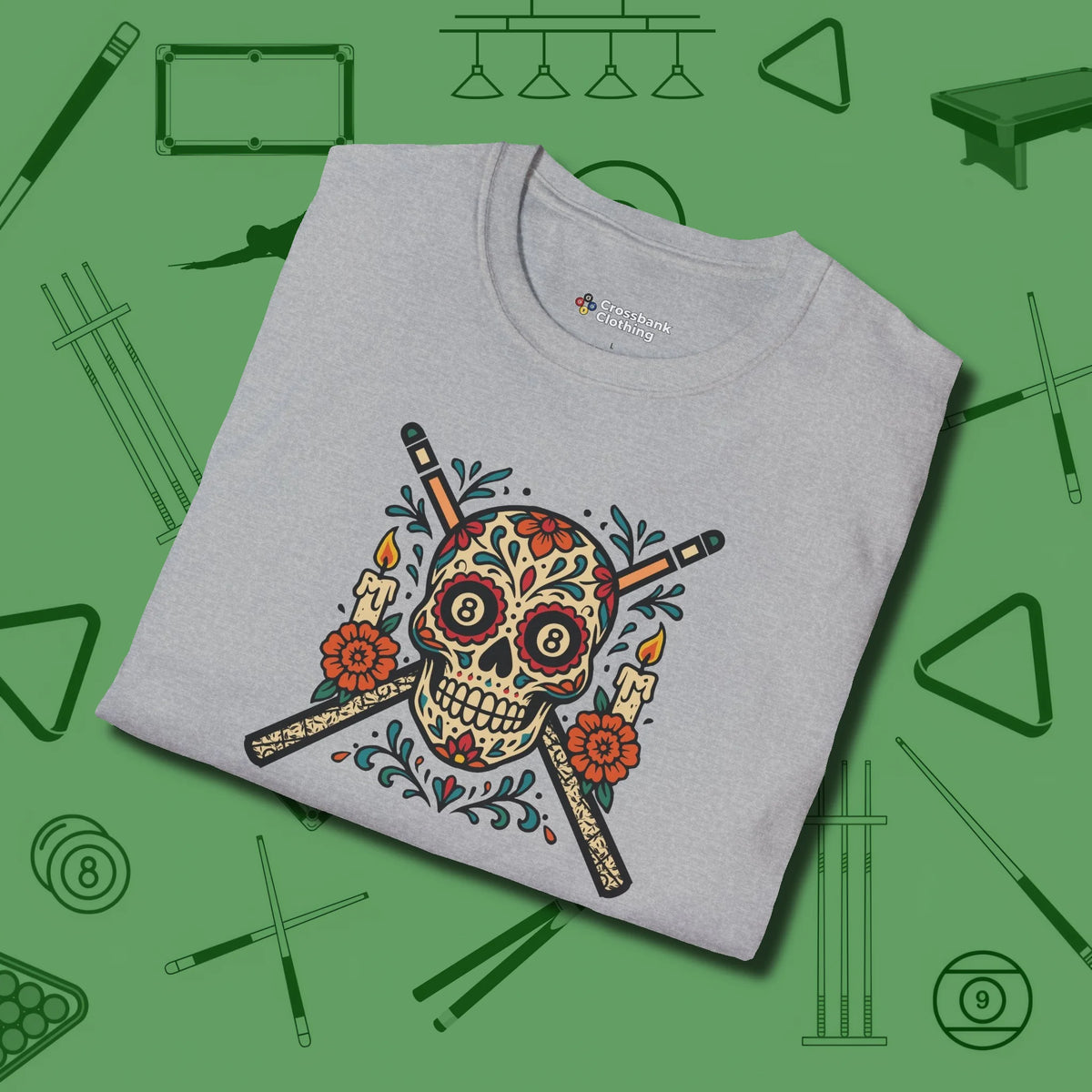 Day of the Dead Sugar Skull T-Shirt, folded view, in Sport Grey poolroom style with tournament attitude