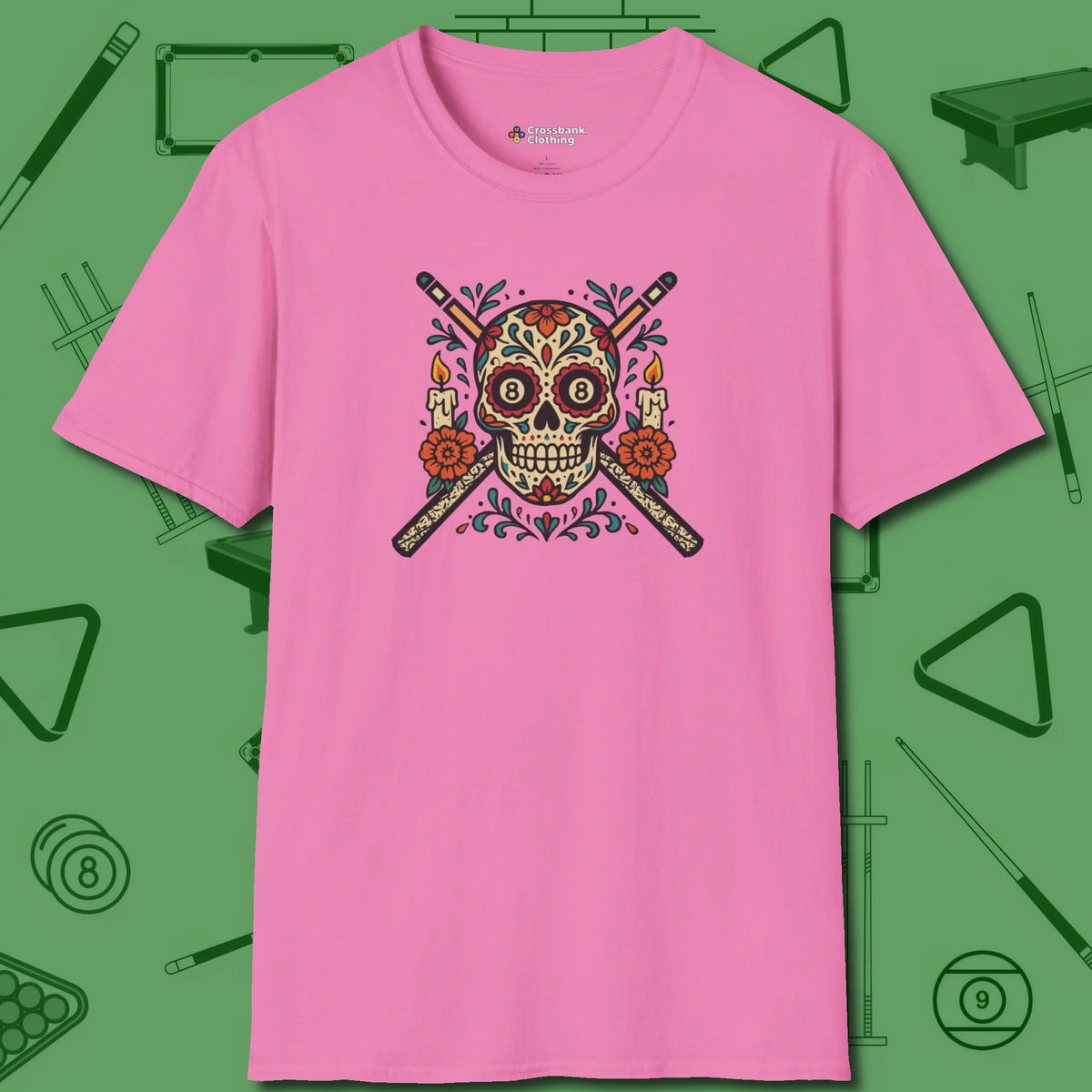 Day of the Dead Sugar Skull T-Shirt, front view, in Azalea strike fear with swagger and precision