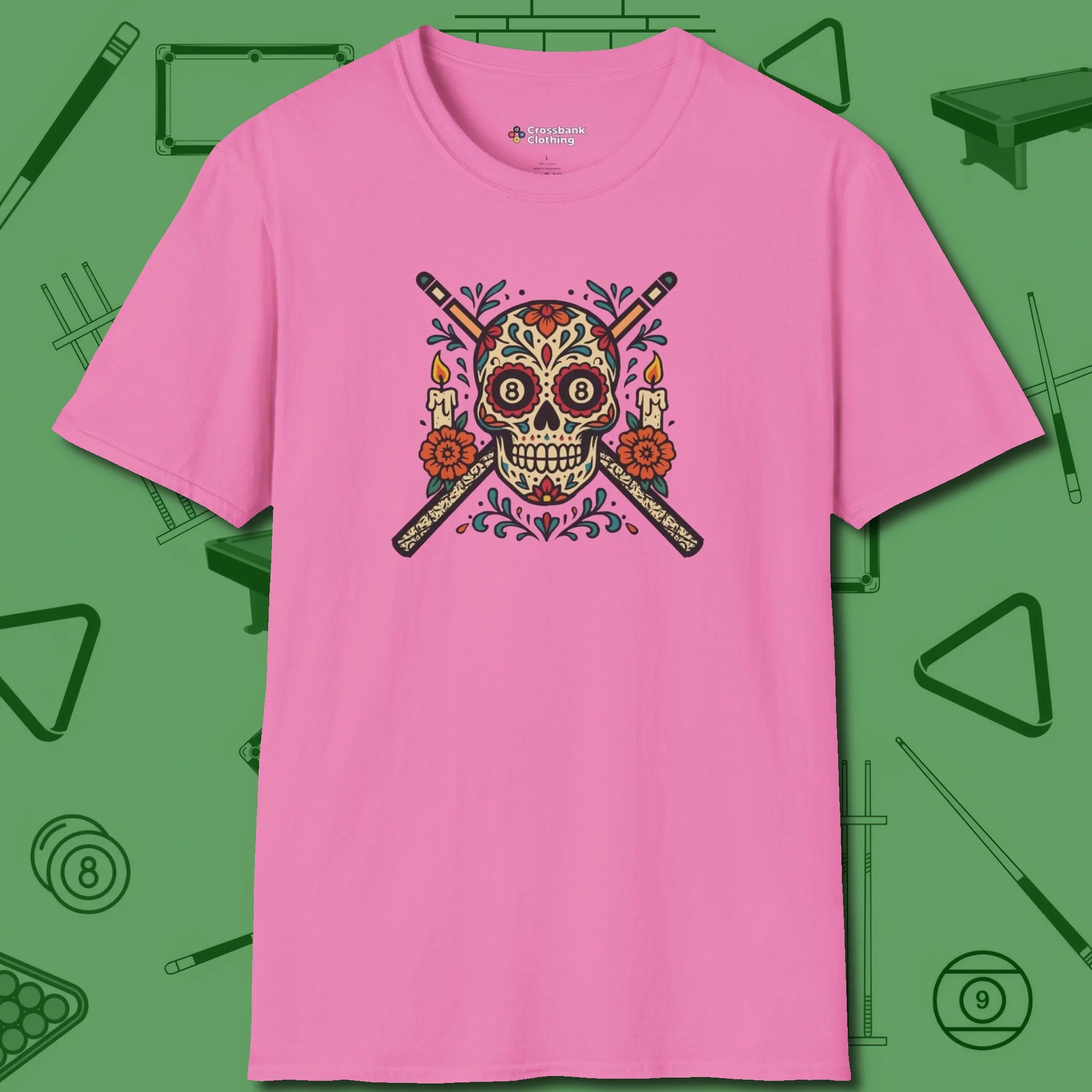 Day of the Dead Sugar Skull T-Shirt, front view, in Azalea strike fear with swagger and precision