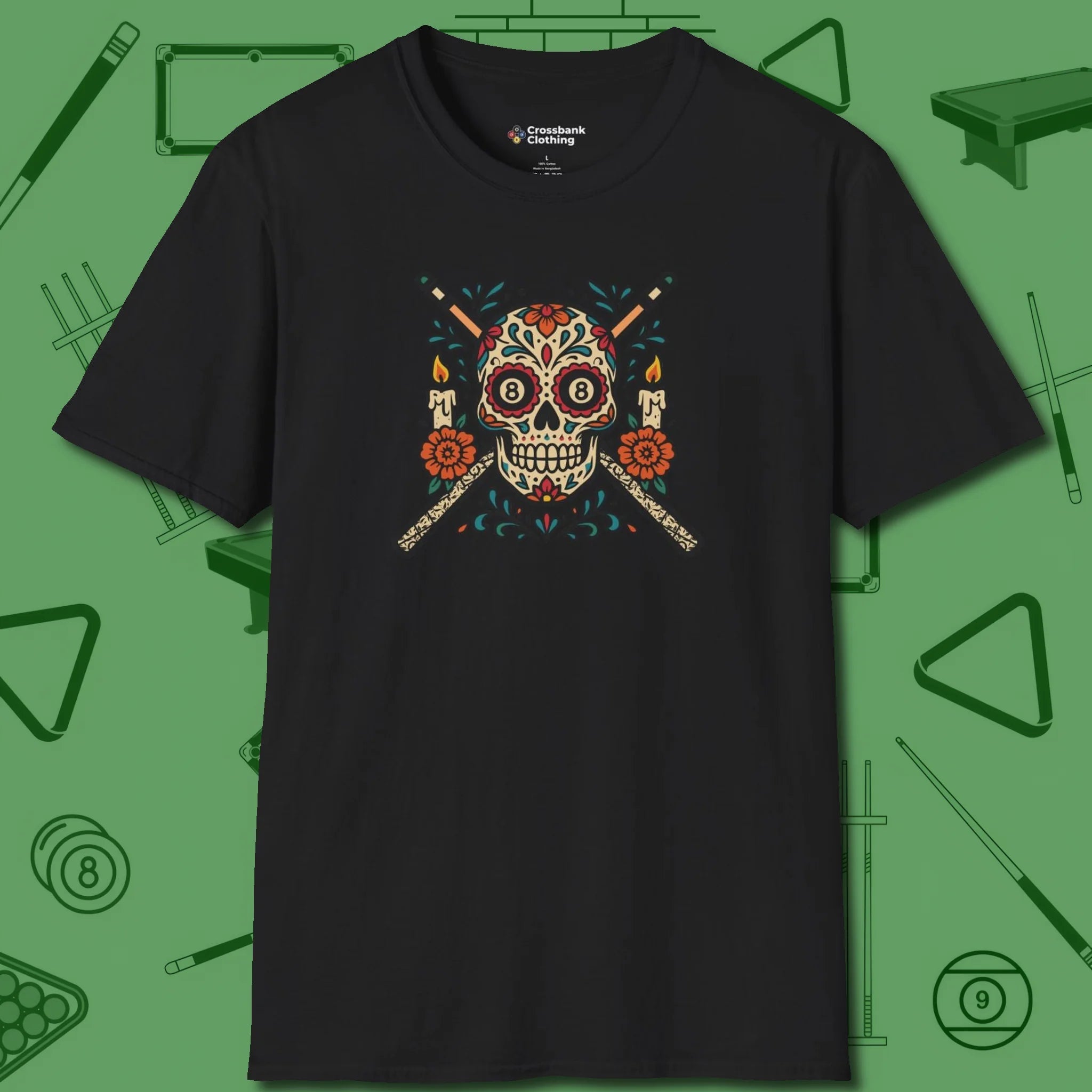 Day of the Dead Sugar Skull T-Shirt, front view, in Black make every shot — and outfit — count