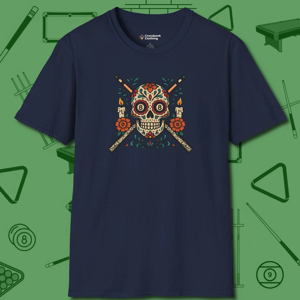 Day of the Dead Sugar Skull T-Shirt, front view, in Navy ideal for clean hits and clean fits