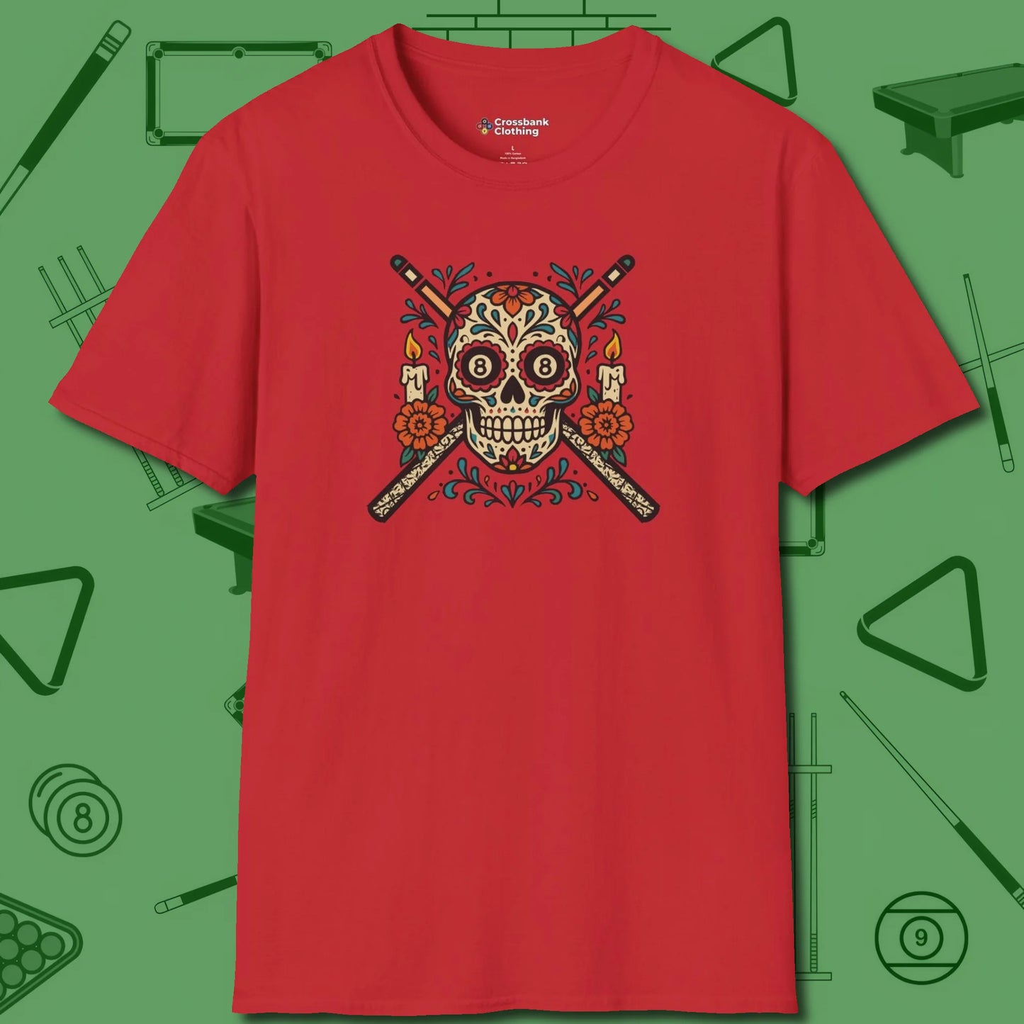 Day of the Dead Sugar Skull T-Shirt, front view, in Red attitude built for the long haul