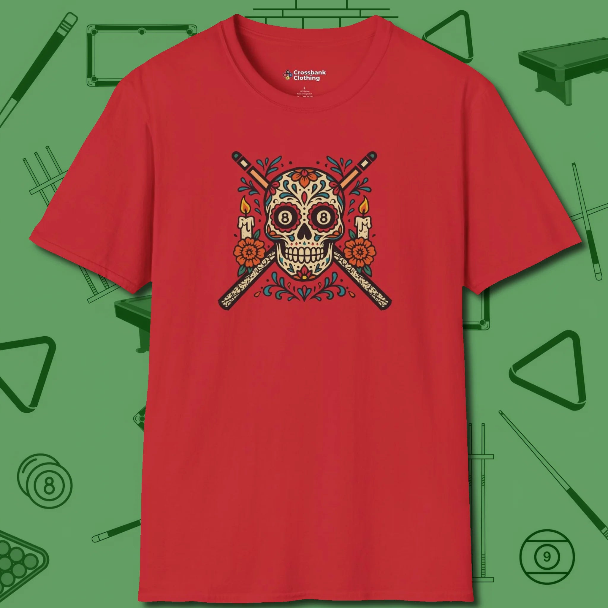 Day of the Dead Sugar Skull T-Shirt, front view, in Red attitude built for the long haul