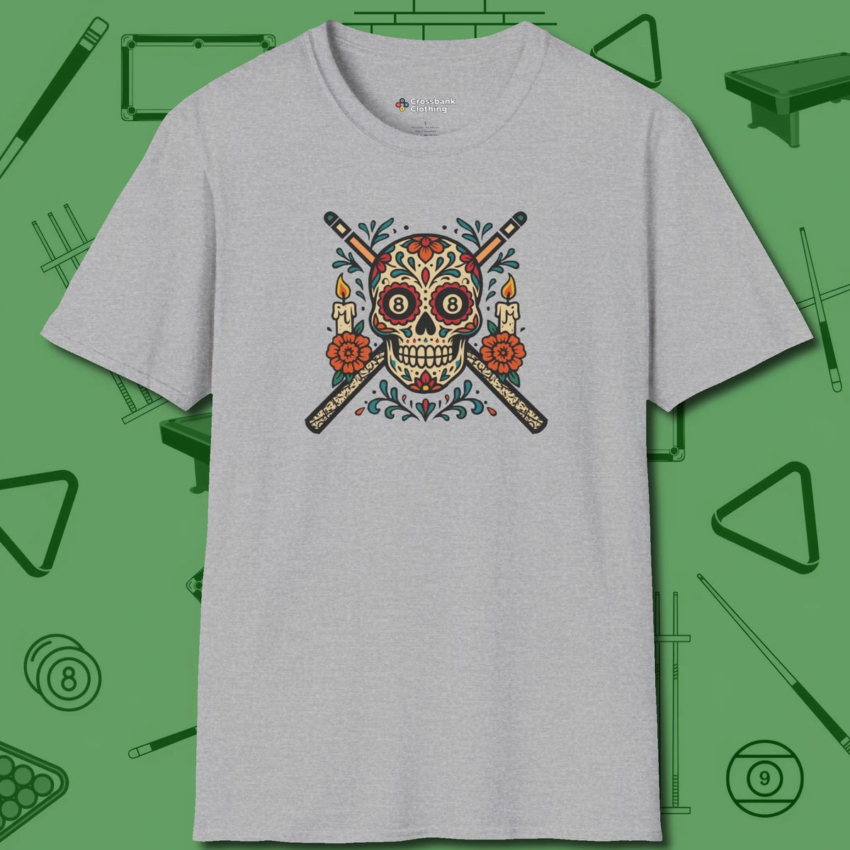 Day of the Dead Sugar Skull T-Shirt, front view, in Sport Grey as serious as your stroke