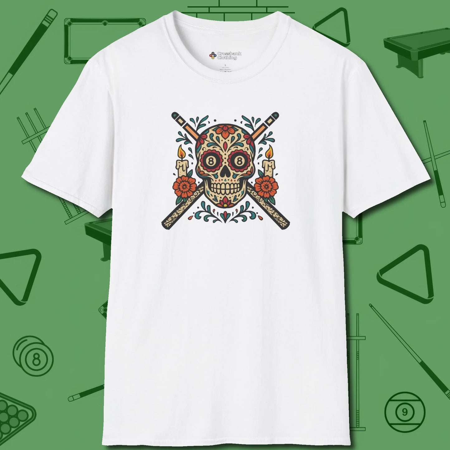 Day of the Dead Sugar Skull T-Shirt, front view, in White not your average 8-ball graphic tee