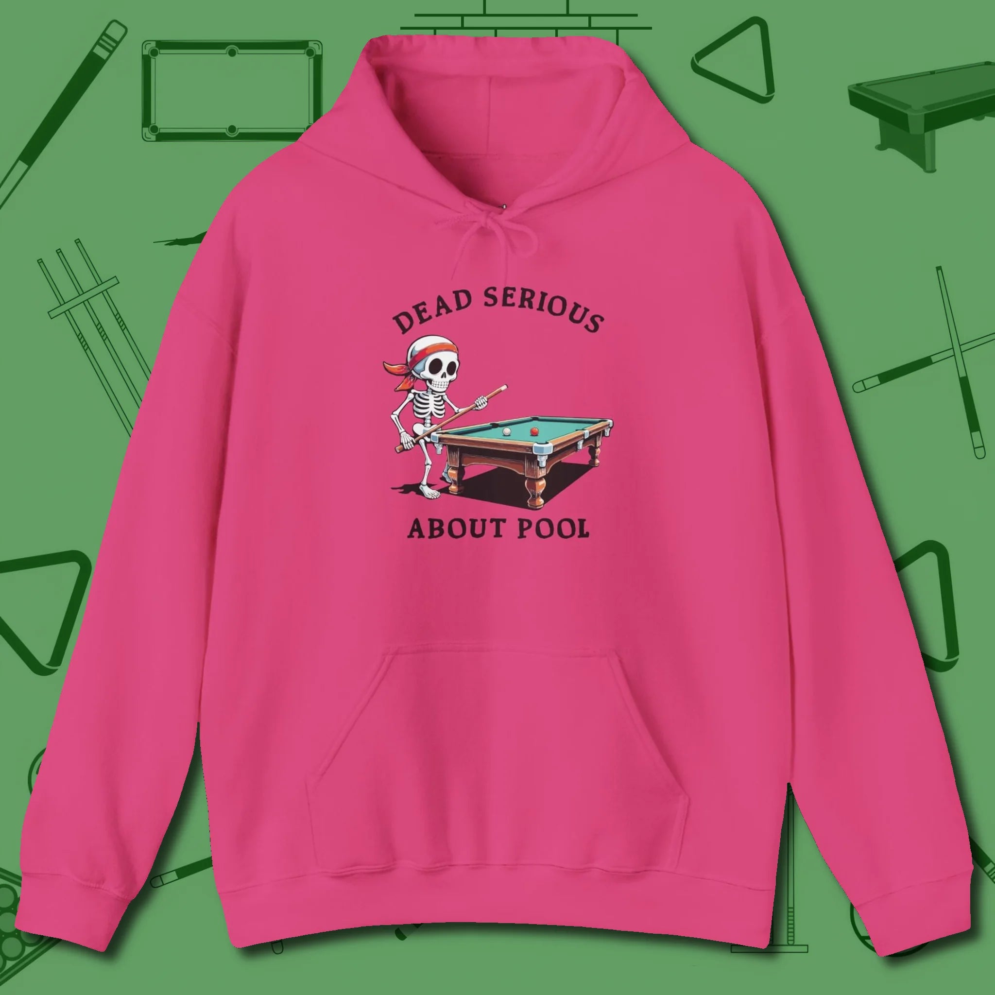Dead Serious About Hoodie, front view, in Heliconia attitude built for the long haul