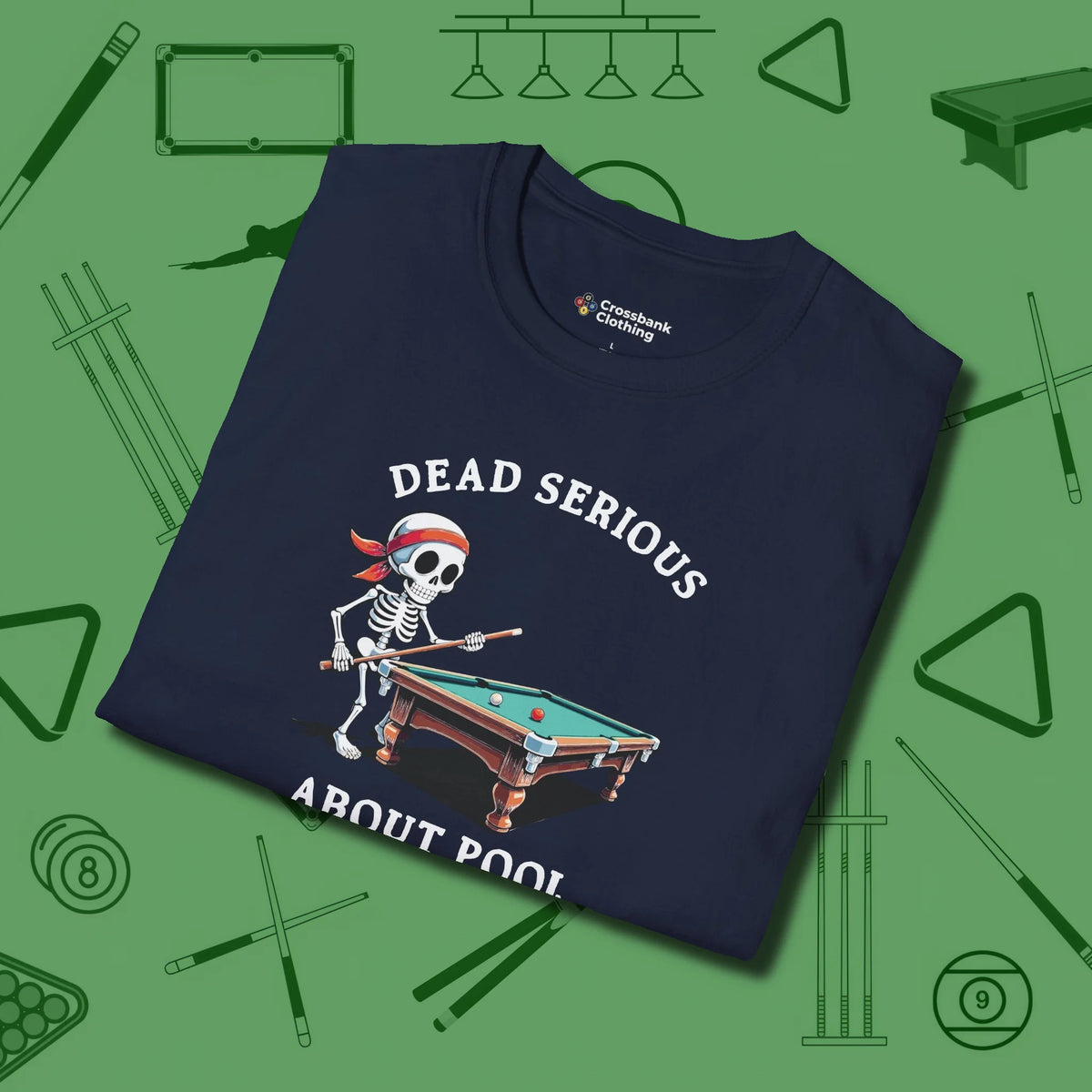 Dead Serious About T-Shirt, folded view, in Navy stitched for cue discipline and cool confidence