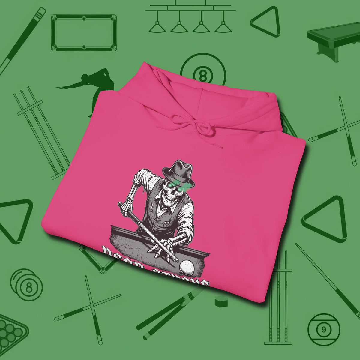 Dead Stroke Hoodie, folded view, in Heliconia because pool isn’t just a game — it’s who you are