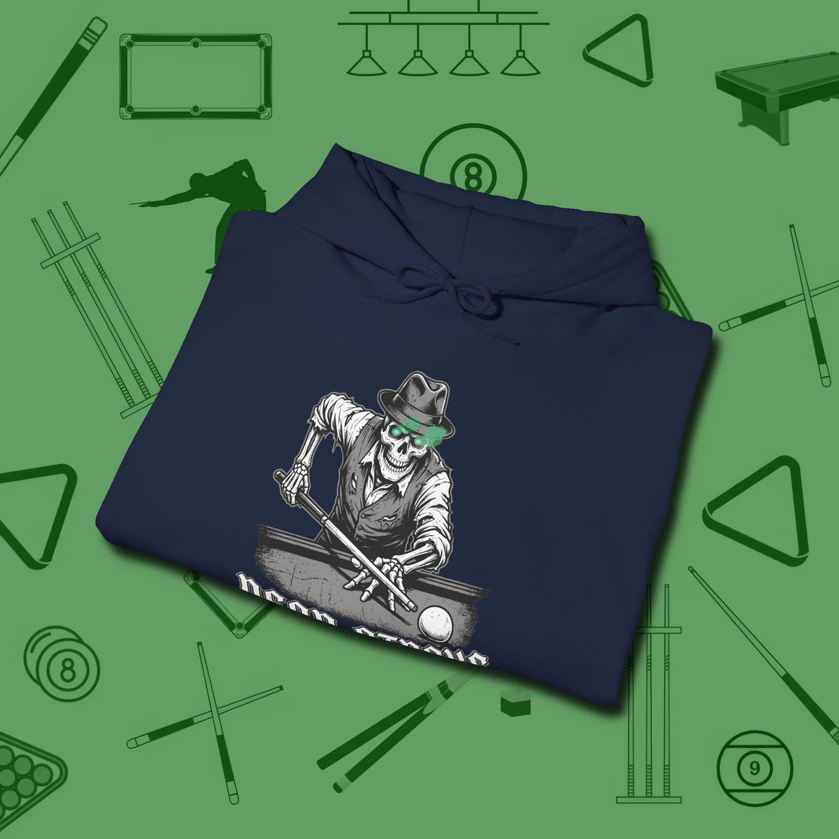 Dead Stroke Hoodie, folded view, in Navy where style and cue discipline collide