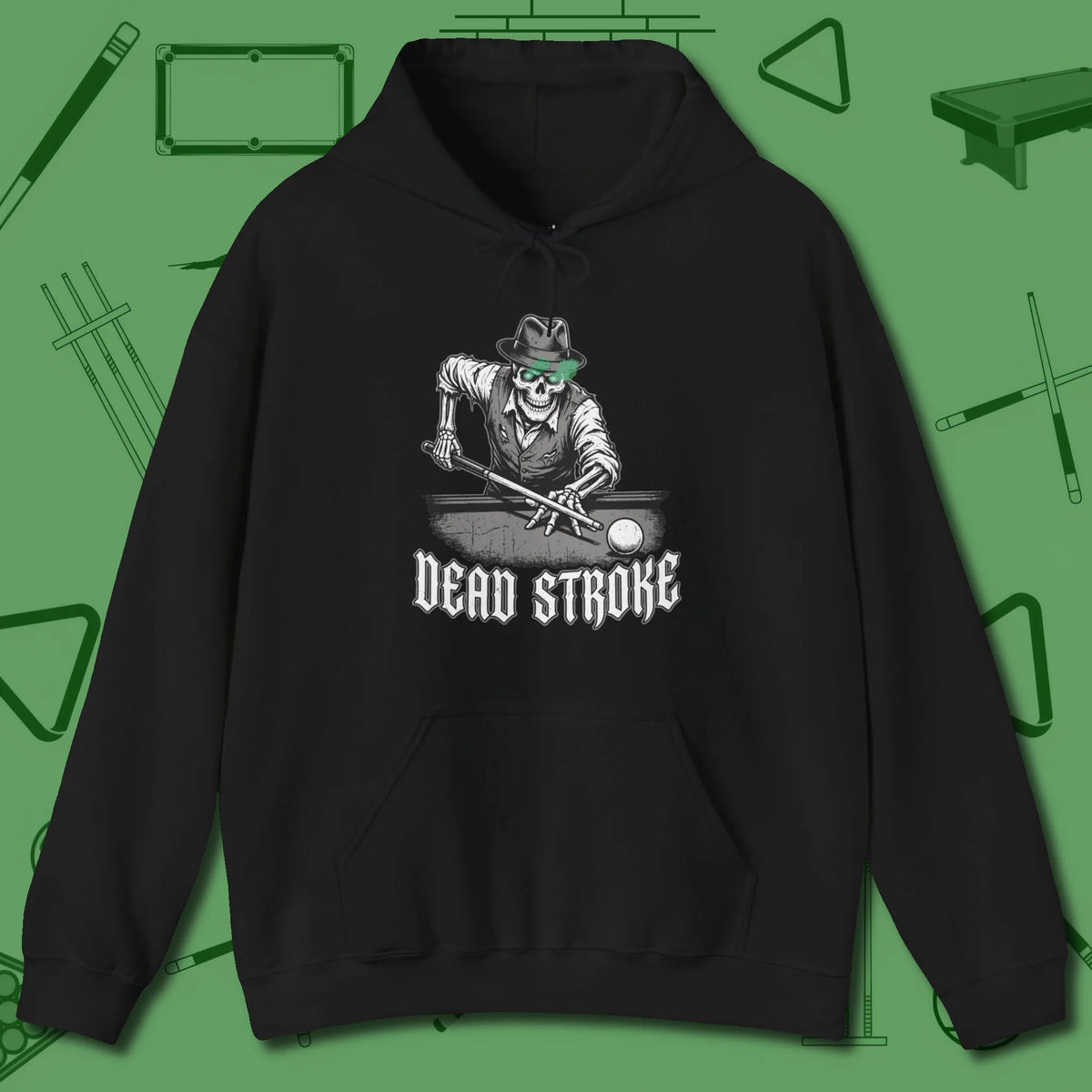 Dead Stroke Hoodie, front view, in Black stitched for cue discipline and cool confidence