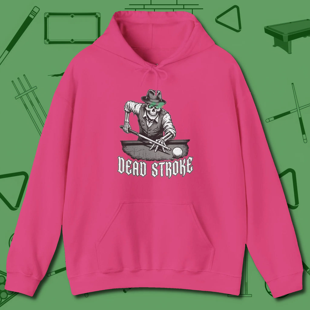 Dead Stroke Hoodie, front view, in Heliconia break, run out, turn heads — repeat