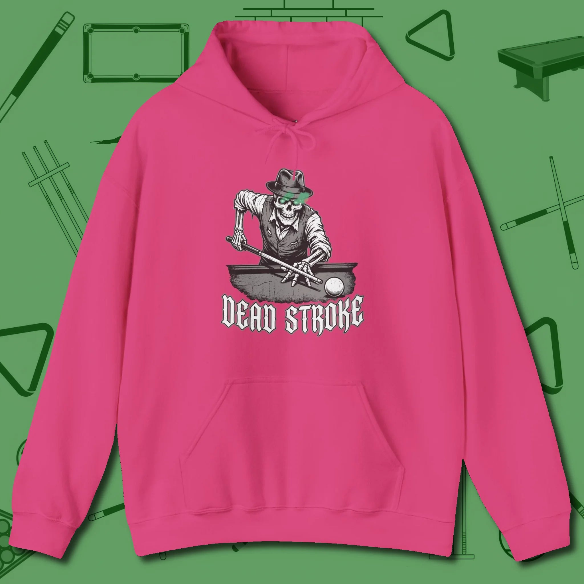 Dead Stroke Hoodie, front view, in Heliconia break, run out, turn heads — repeat