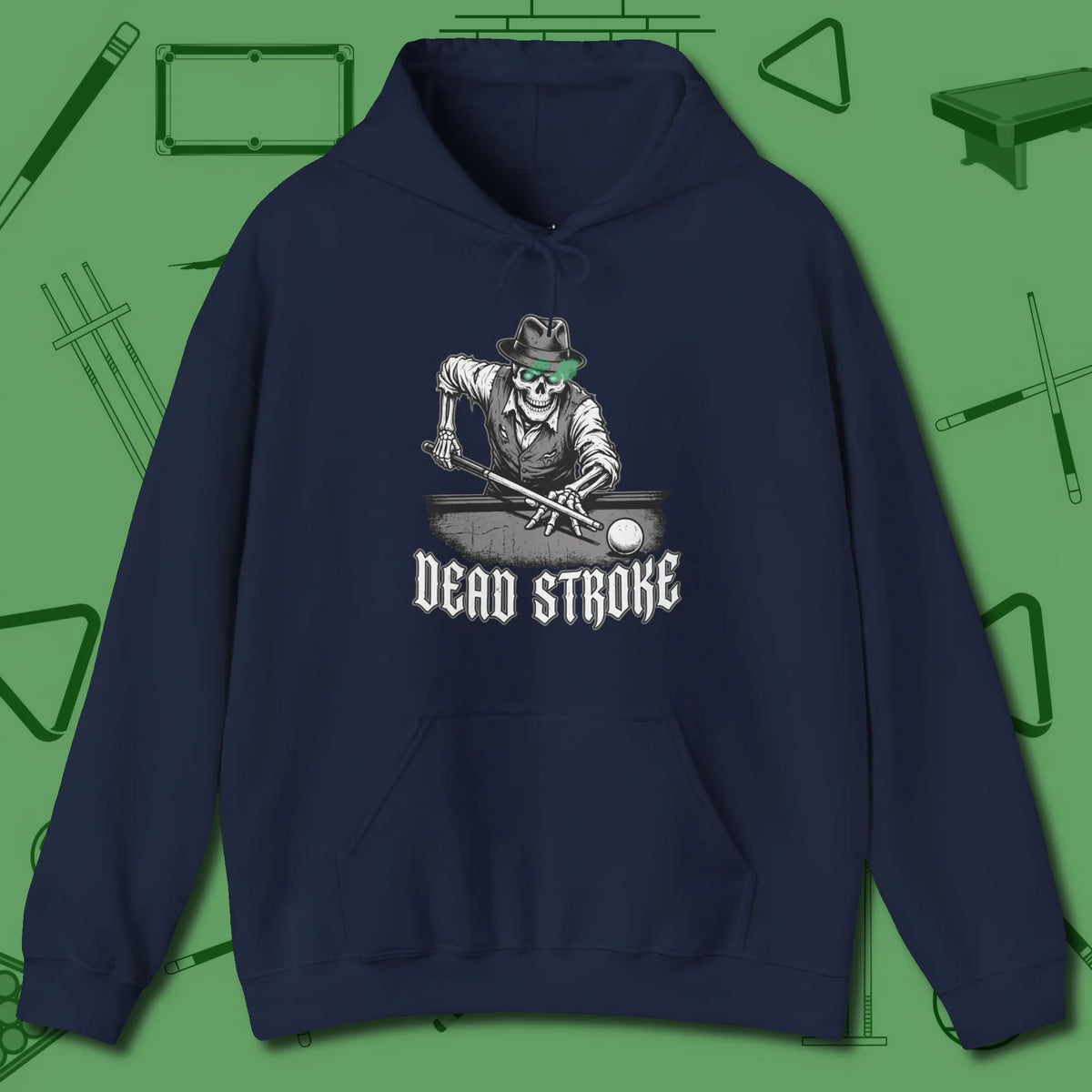 Dead Stroke Hoodie, front view, in Navy cool enough for a corner pocket finish