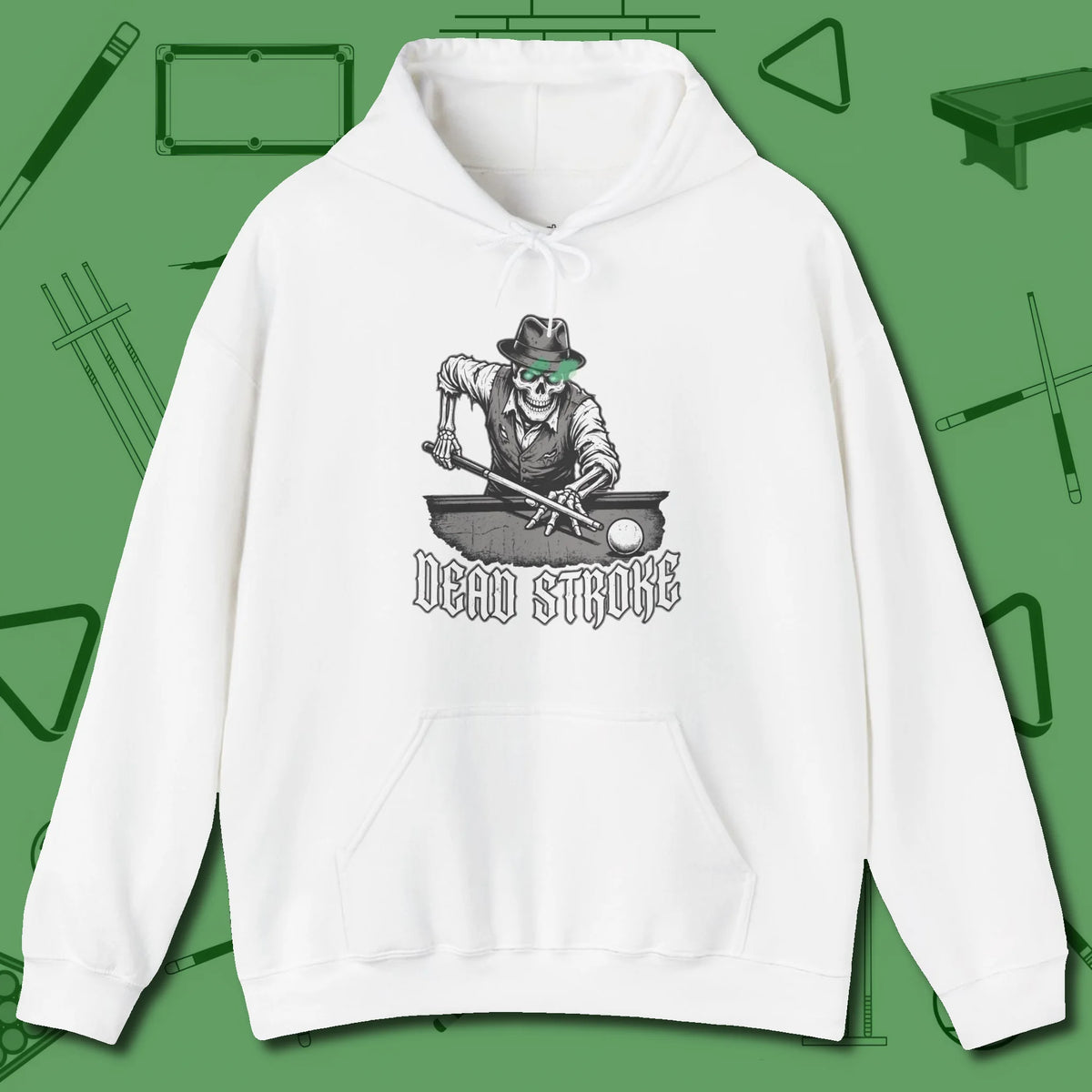 Dead Stroke Hoodie, front view, in White poolroom style with tournament attitude