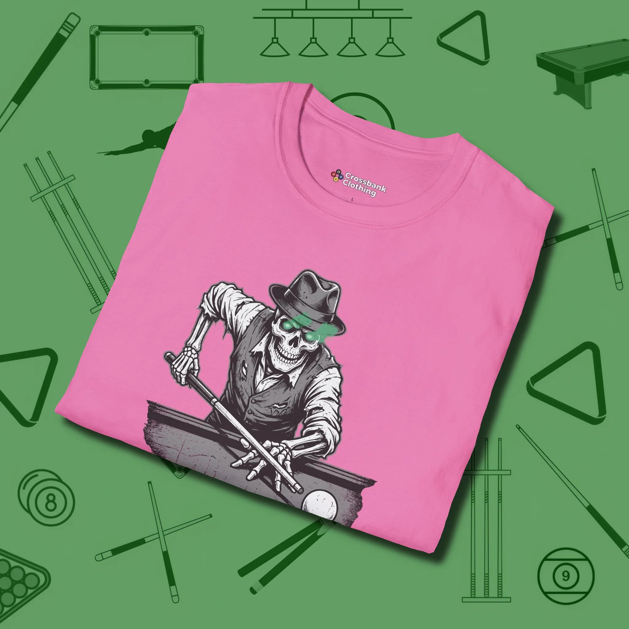 Dead Stroke T-Shirt, folded view, in Azalea where style and cue discipline collide