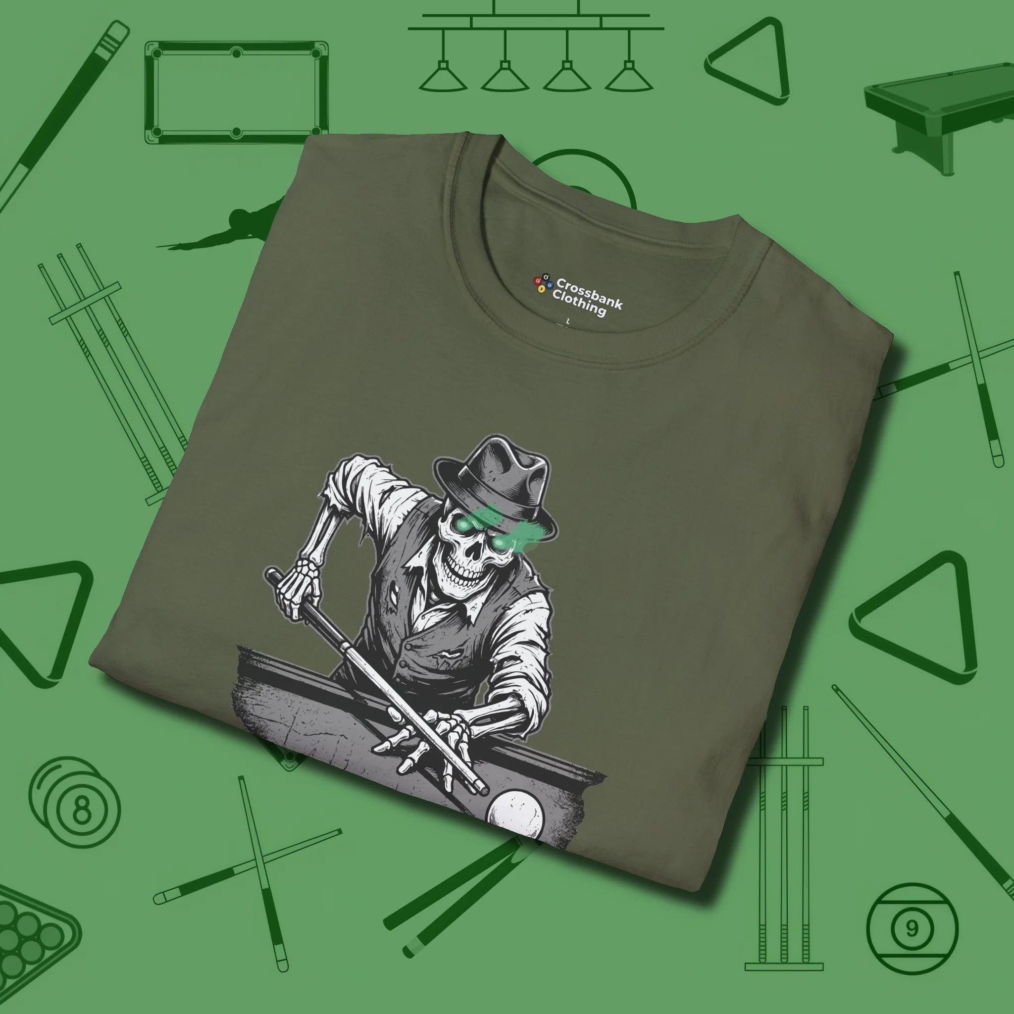 Dead Stroke T-Shirt, folded view, in Military Green play in style, win in silence