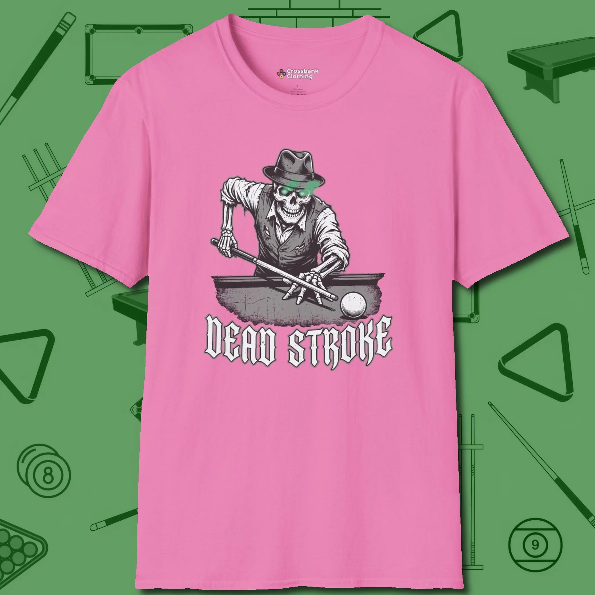 Dead Stroke T-Shirt, front view, in Azalea attitude built for the long haul