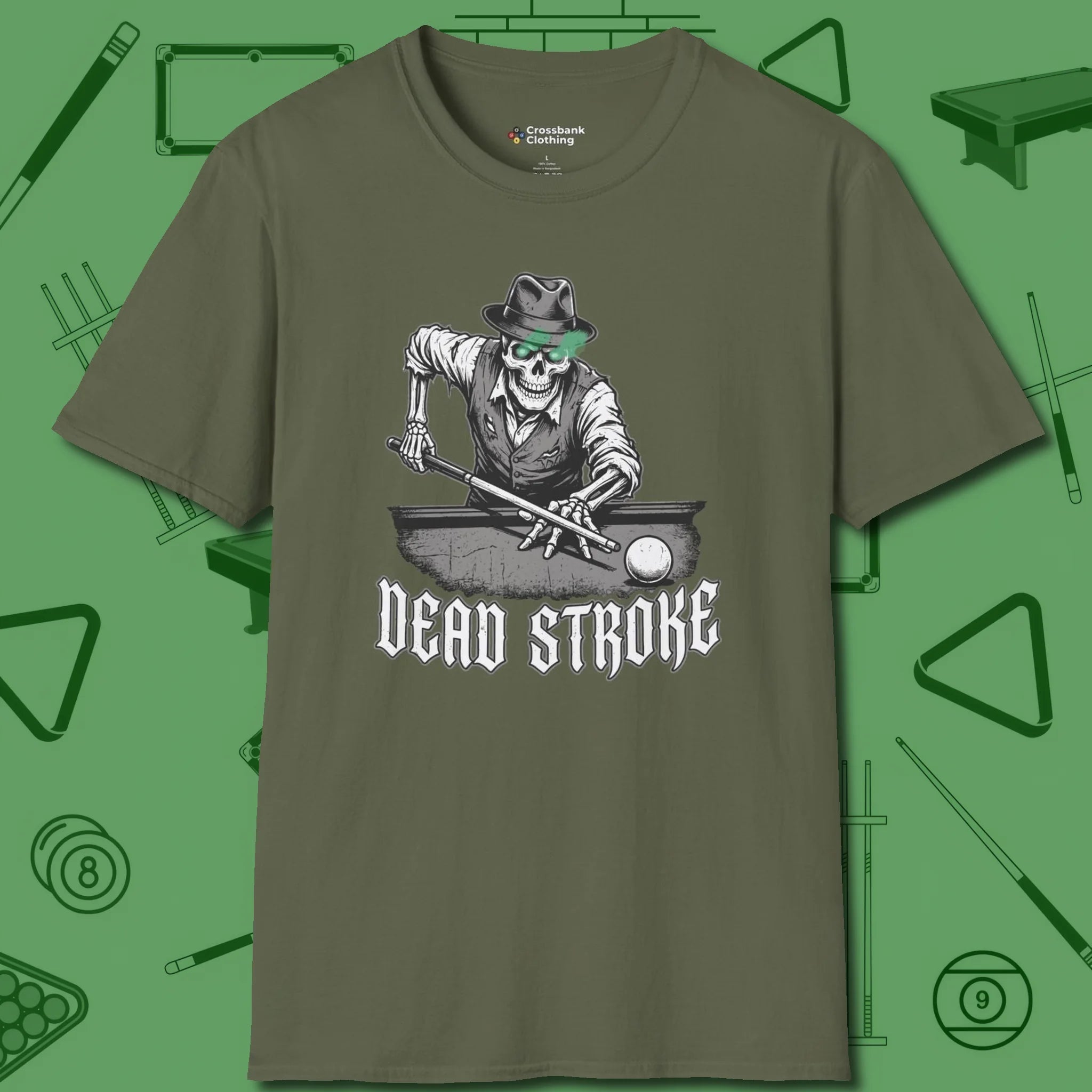 Dead Stroke T-Shirt, front view, in Military Green as serious as your stroke