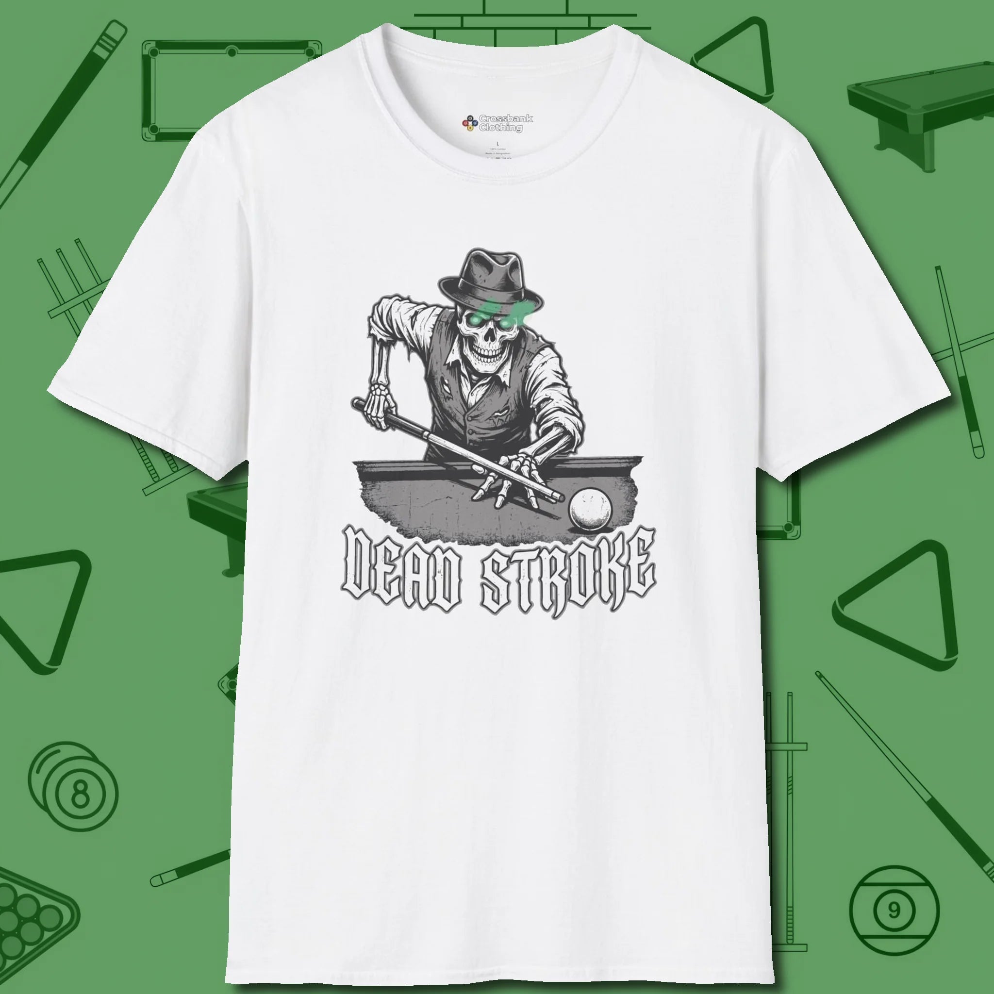 Dead Stroke T-Shirt, front view, in White because the table is your battlefield