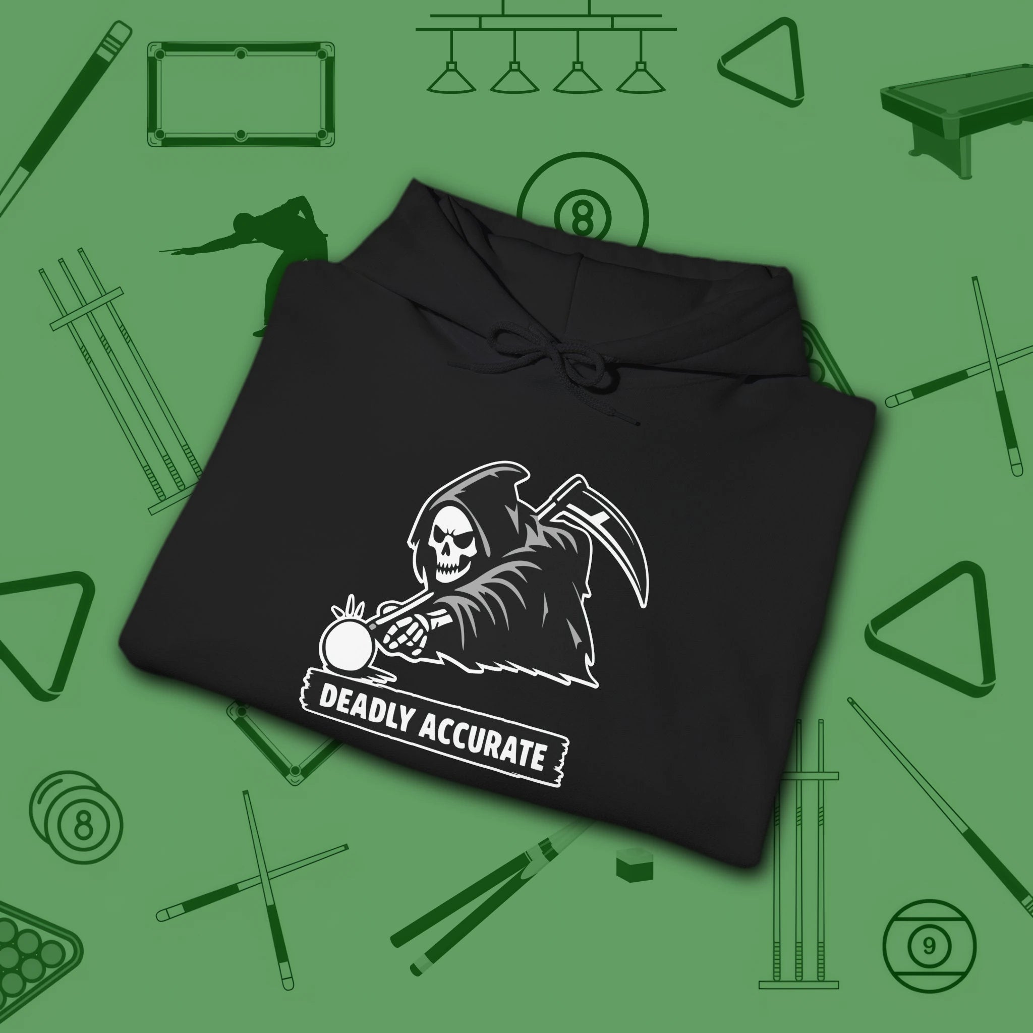 Deadly Accurate Hoodie, in Black color, billiards hoodie, folded view