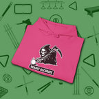 Deadly Accurate Hoodie, in Heliconia color, billiards hoodie, folded view