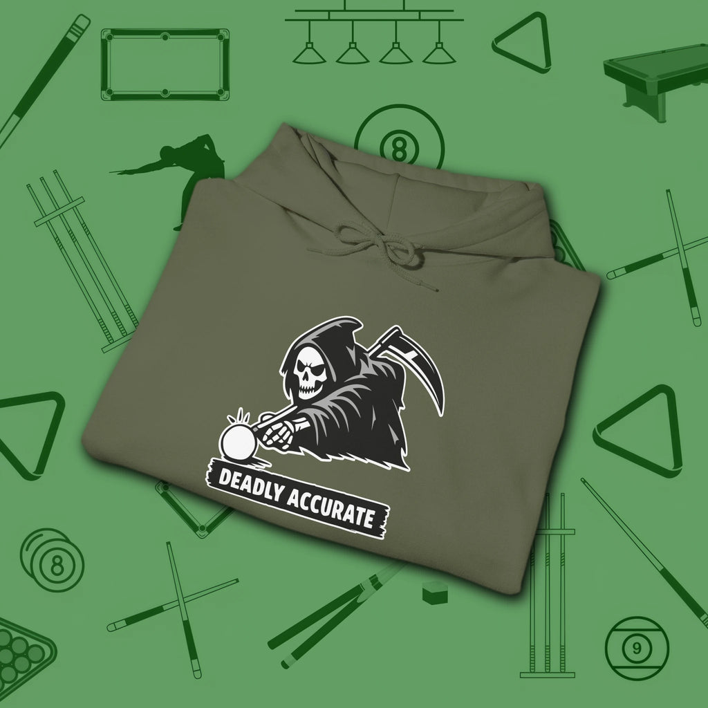 Deadly Accurate Hoodie, in Military Green color, billiards hoodie, folded view