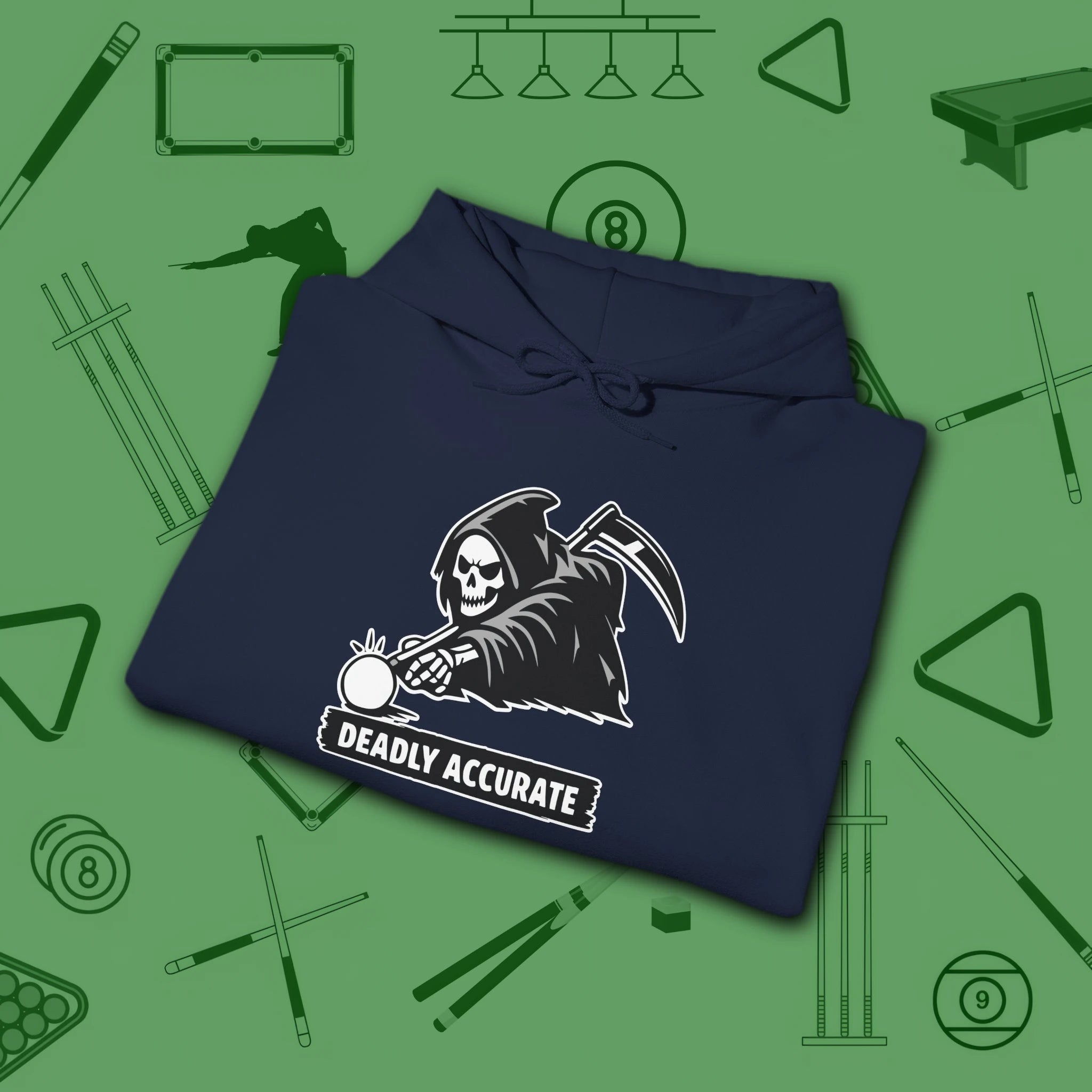 Deadly Accurate Hoodie, in Navy color, billiards hoodie, folded view