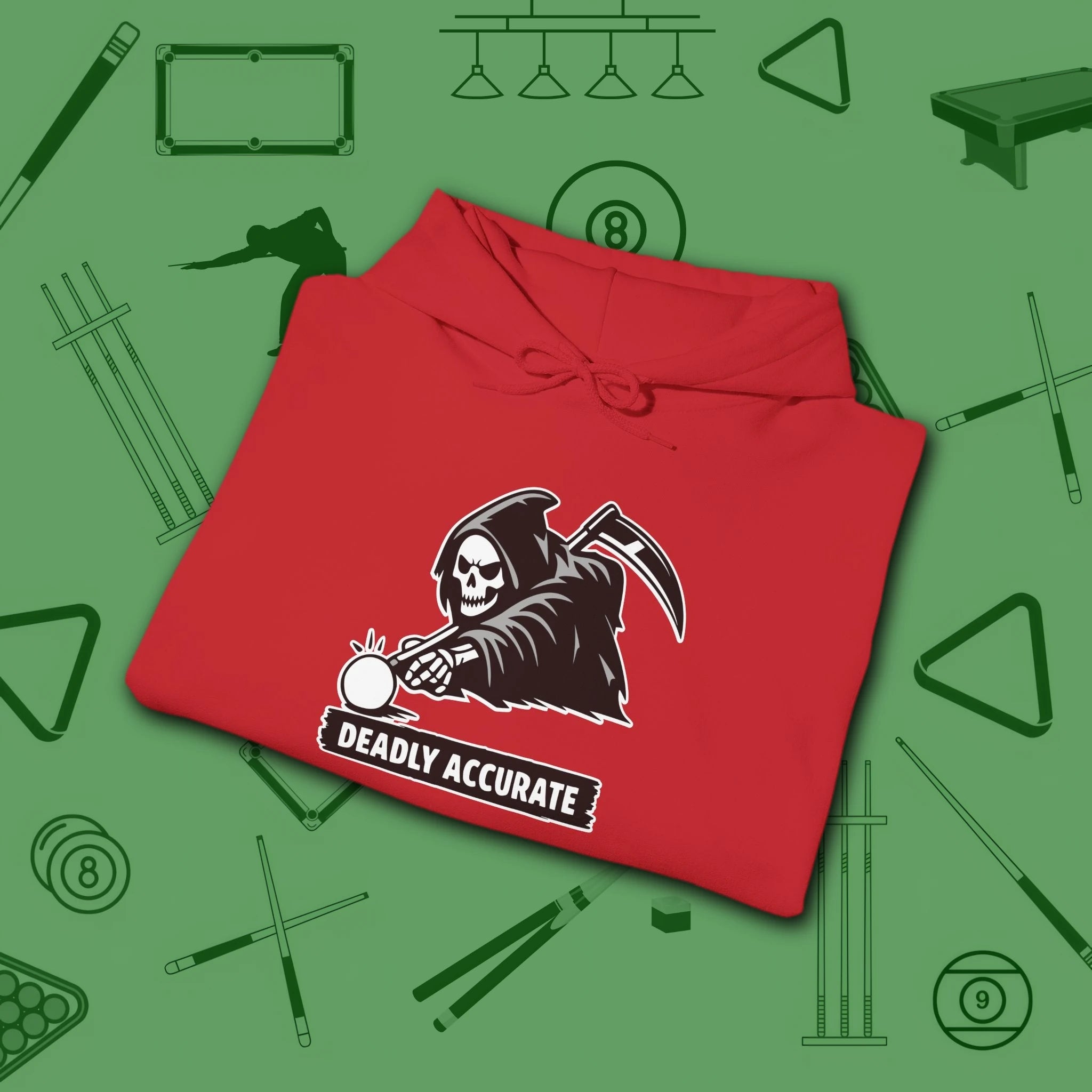 Deadly Accurate Hoodie, in Red color, billiards hoodie, folded view
