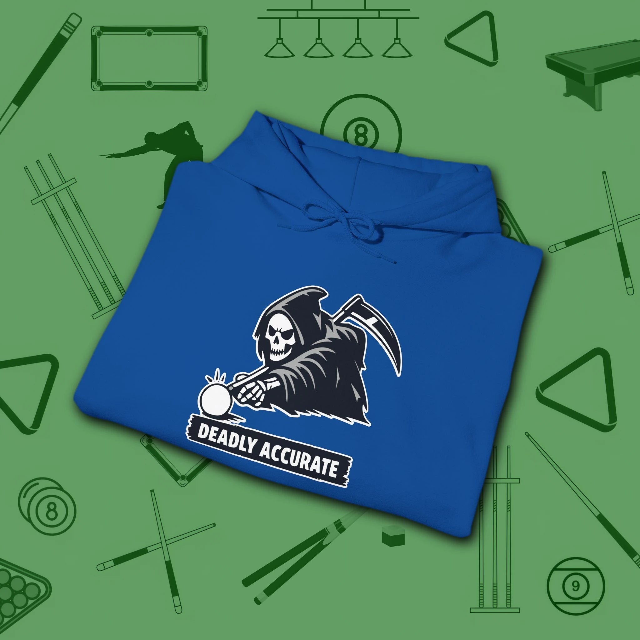 Deadly Accurate Hoodie, in Royal color, billiards hoodie, folded view