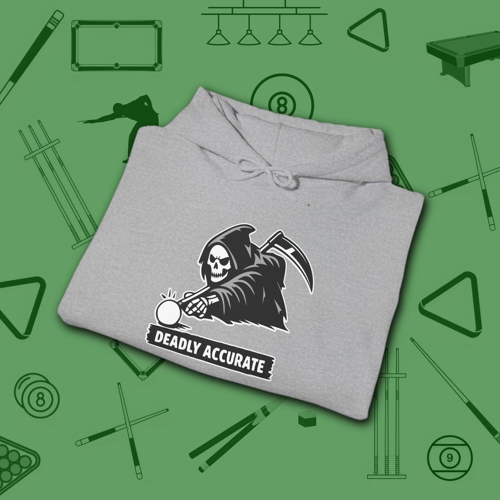 Deadly Accurate Hoodie, in Sport Grey color, billiards hoodie, folded view