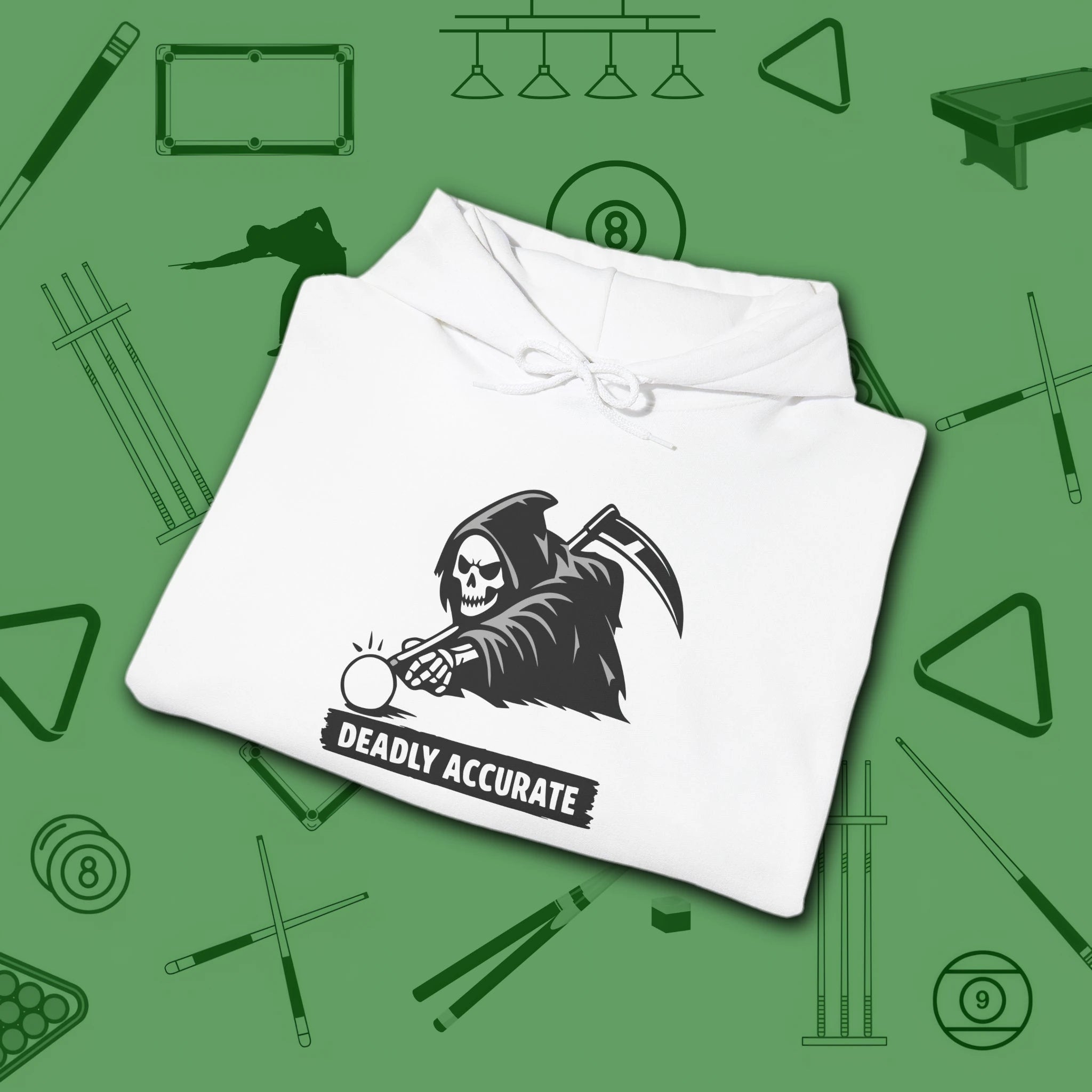 Deadly Accurate Hoodie, in White color, billiards hoodie, folded view