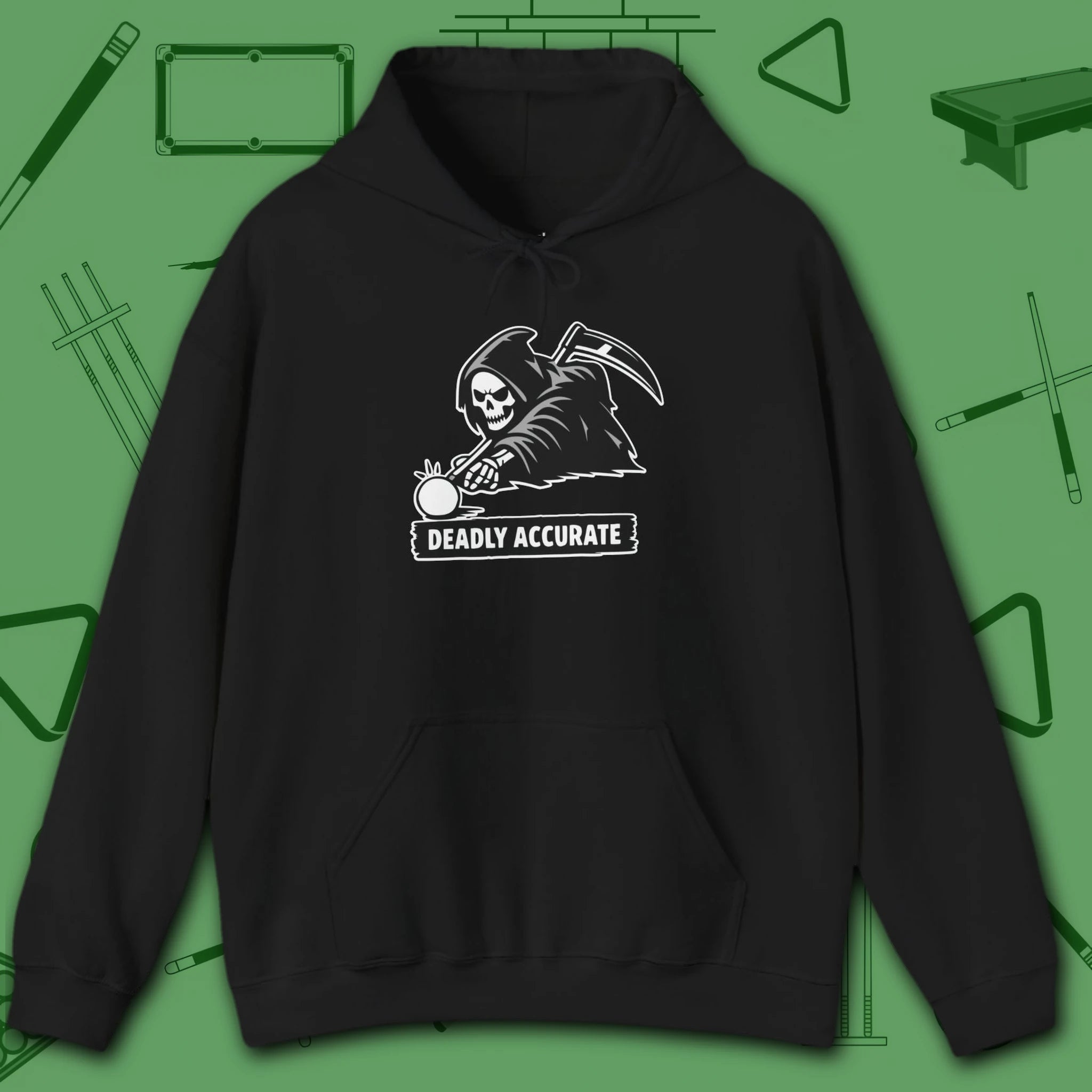 Deadly Accurate Hoodie, in Black color, billiards hoodie, front view