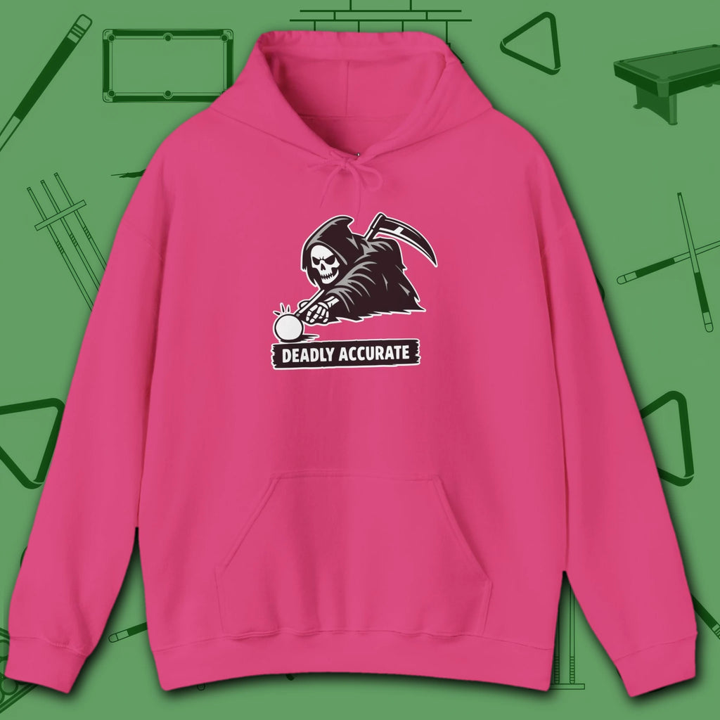 Deadly Accurate Hoodie, in Heliconia color, billiards hoodie, front view