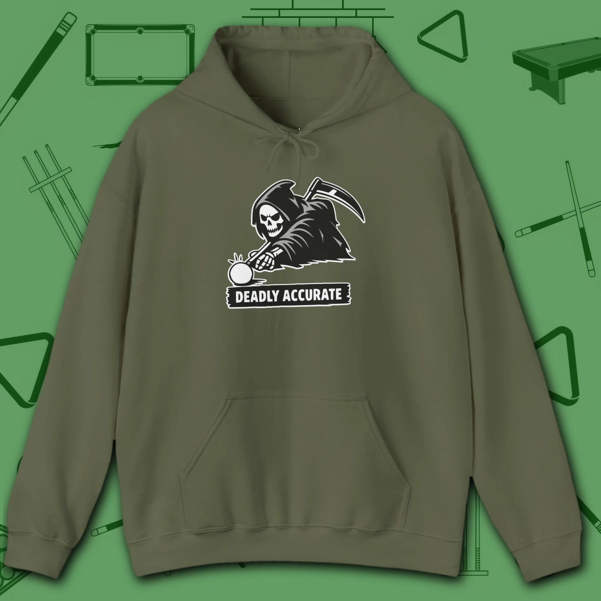 Deadly Accurate Hoodie, in Military Green color, billiards hoodie, front view