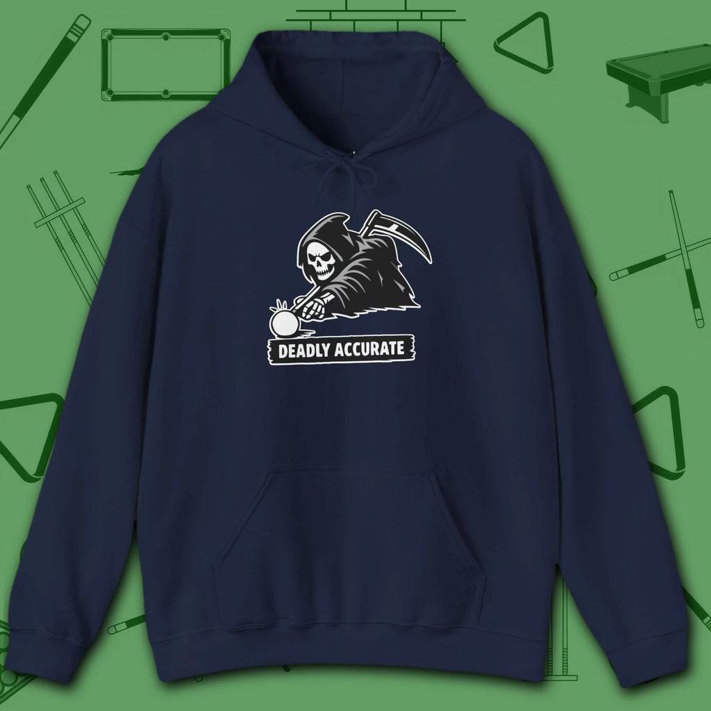 Deadly Accurate Hoodie, in Navy color, billiards hoodie, front view