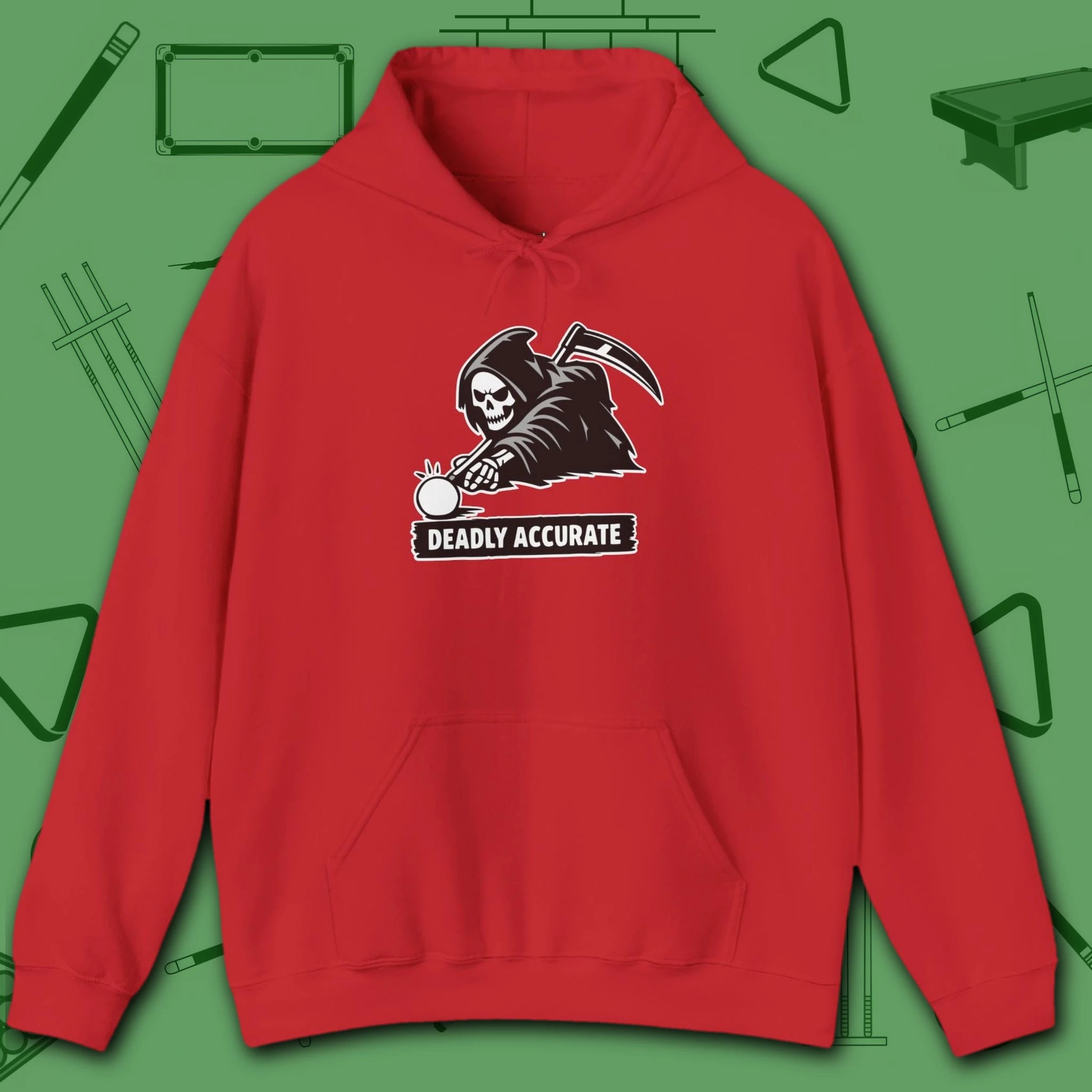 Deadly Accurate Hoodie, in Red color, billiards hoodie, front view