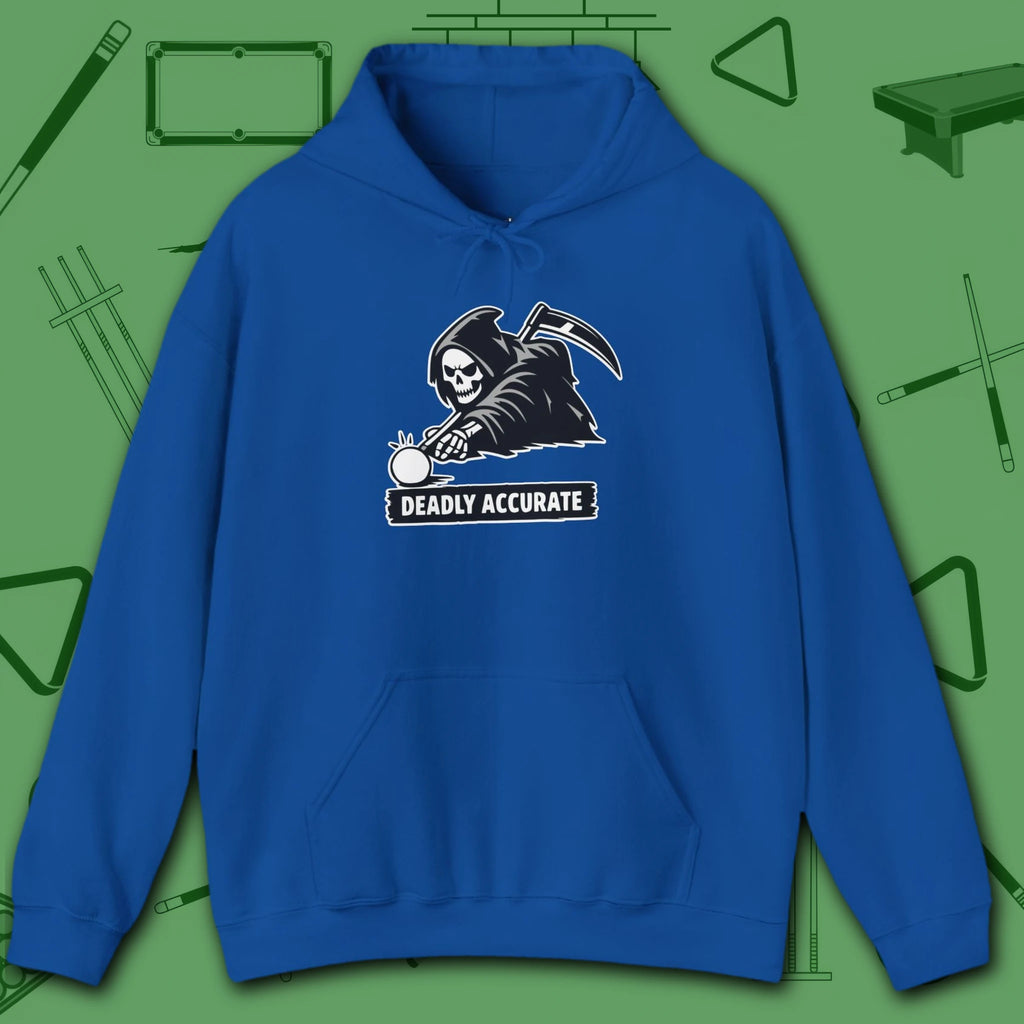 Deadly Accurate Hoodie, in Royal color, billiards hoodie, front view