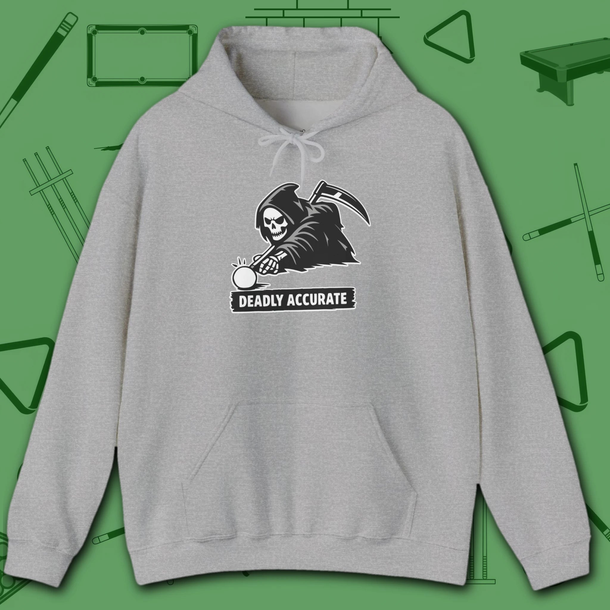 Deadly Accurate Hoodie, in Sport Grey color, billiards hoodie, front view