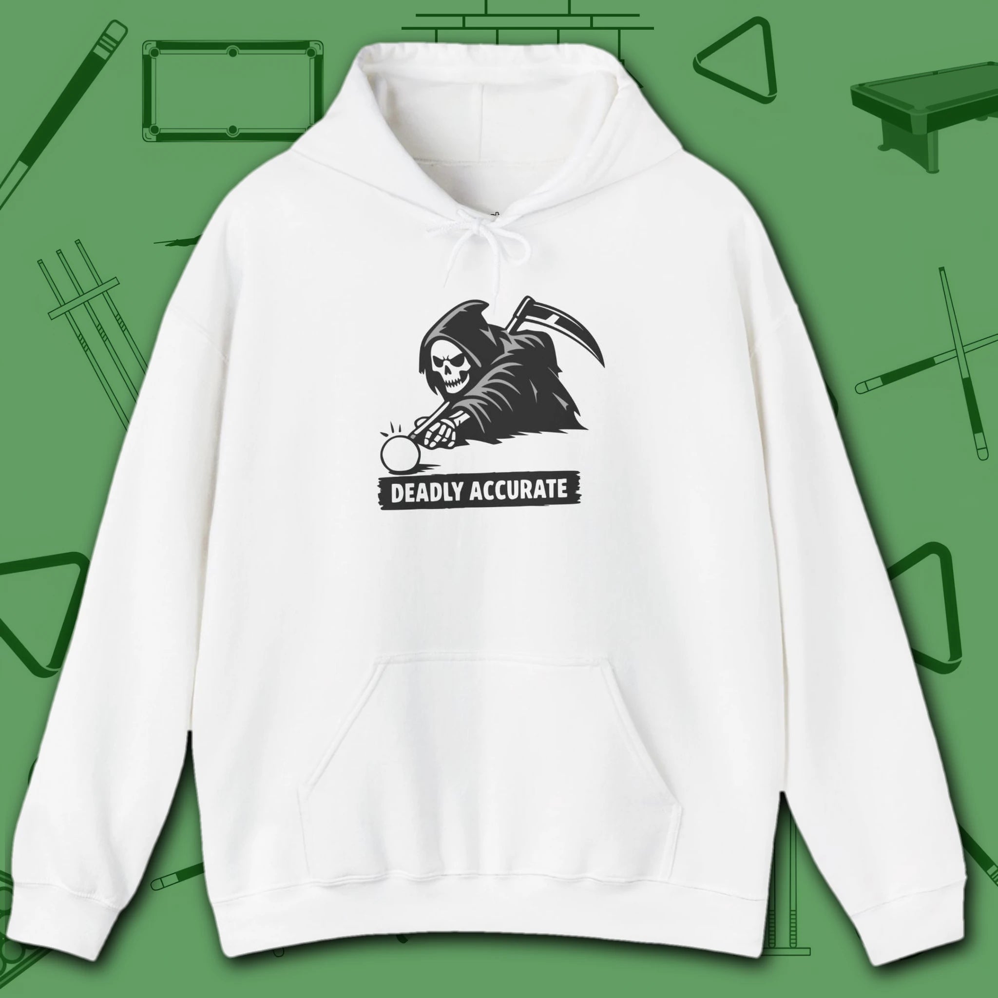 Deadly Accurate Hoodie, in White color, billiards hoodie, front view