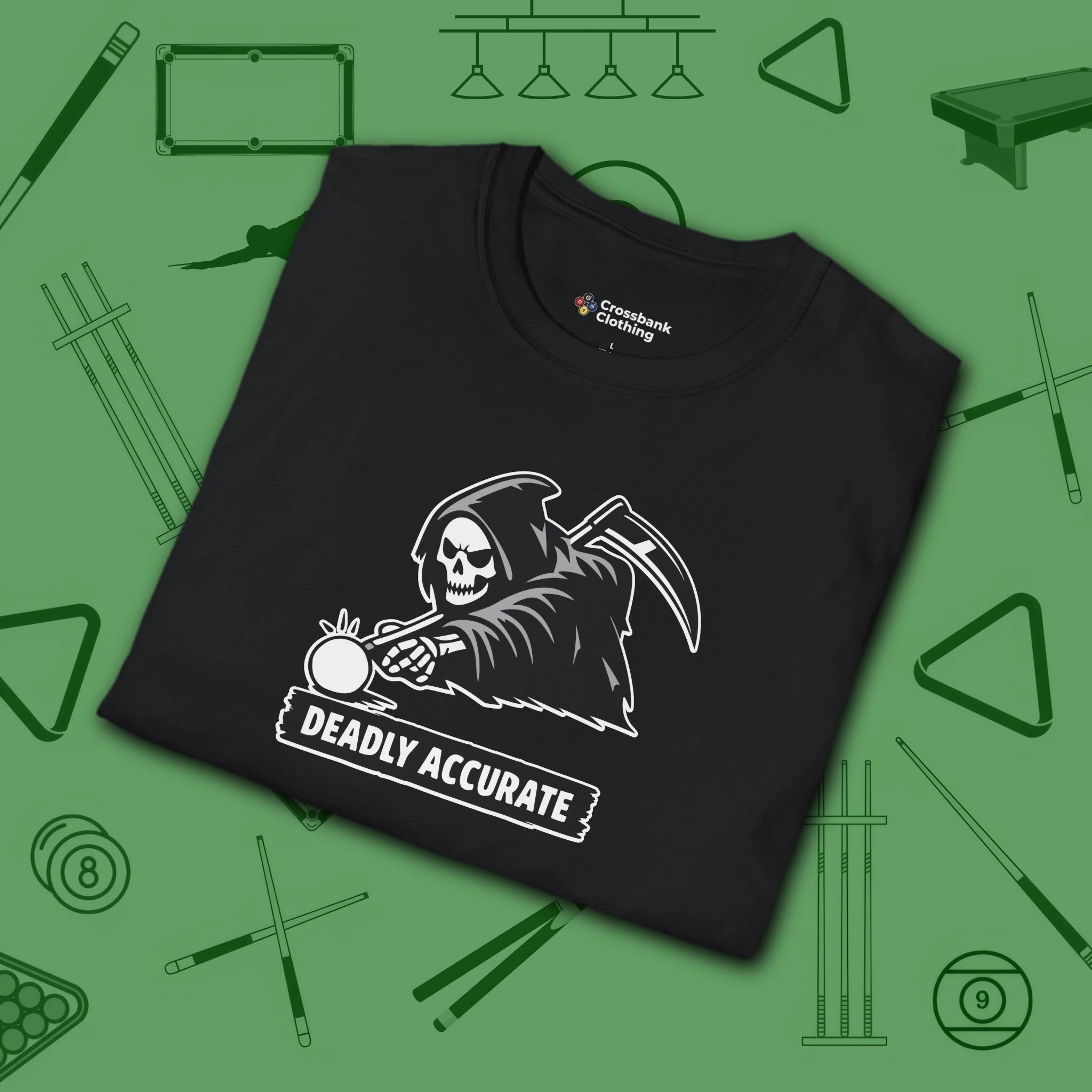Deadly Accurate T-Shirt, in Black color, billiards shirt, folded view