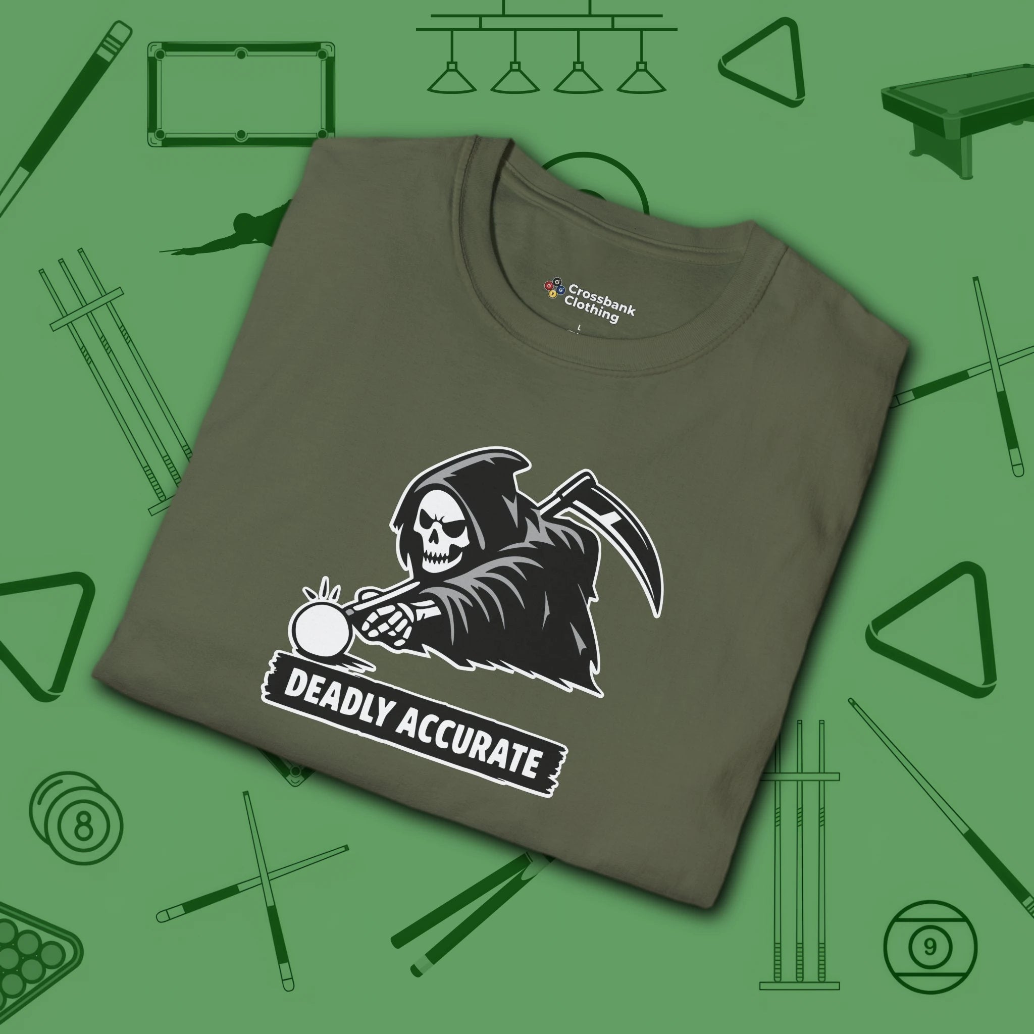 Deadly Accurate T-Shirt, in Military Green color, billiards shirt, folded view