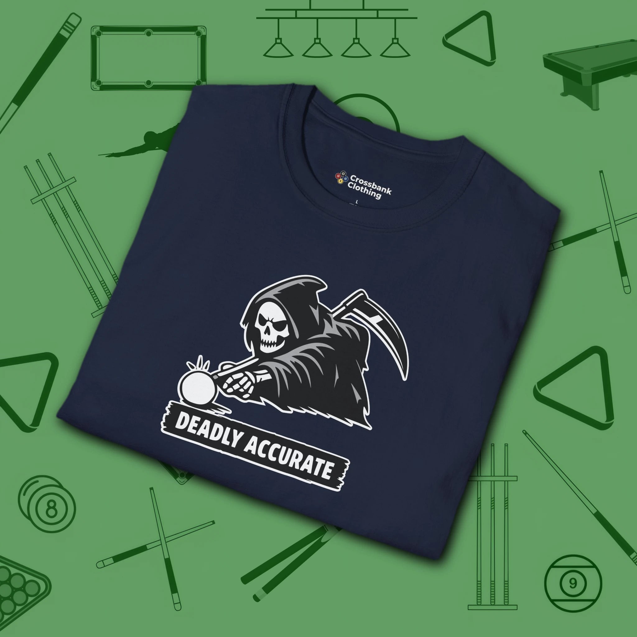 Deadly Accurate T-Shirt, in Navy color, billiards shirt, folded view