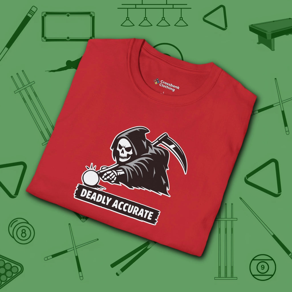 Deadly Accurate T-Shirt, in Red color, billiards shirt, folded view