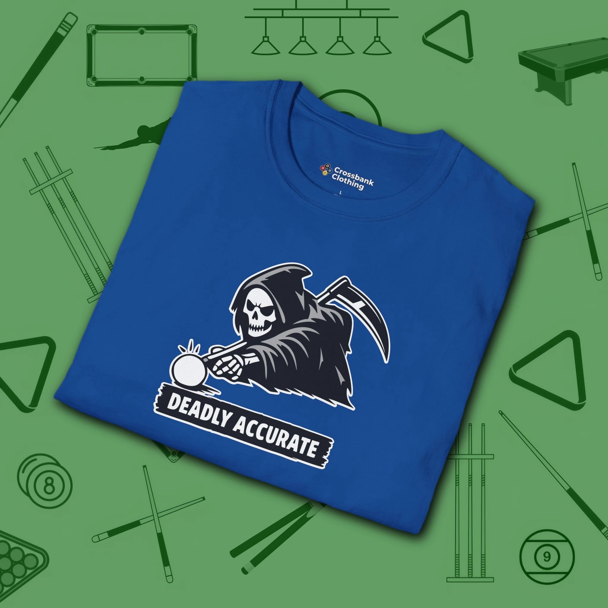 Deadly Accurate T-Shirt, in Royal color, billiards shirt, folded view